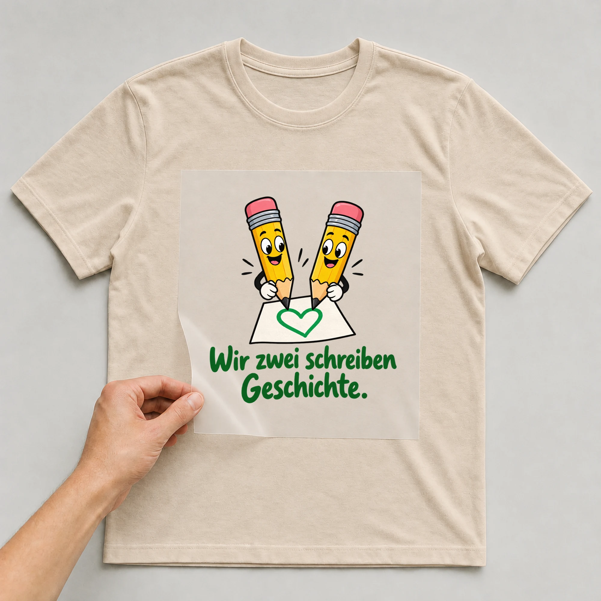 Bügelbild „Schreib mal wieder!“ auf beigem T-Shirt, Folie wird aufgelegt