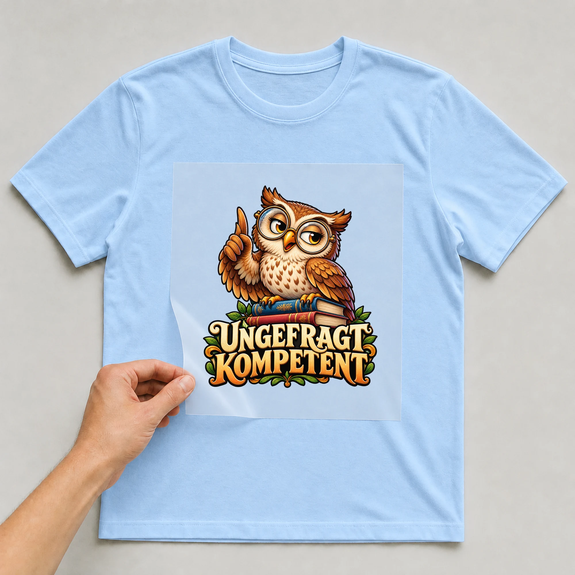 Bügelbild „Ungefragt kompetent“ auf babyblauem T-Shirt, Folie wird aufgelegt