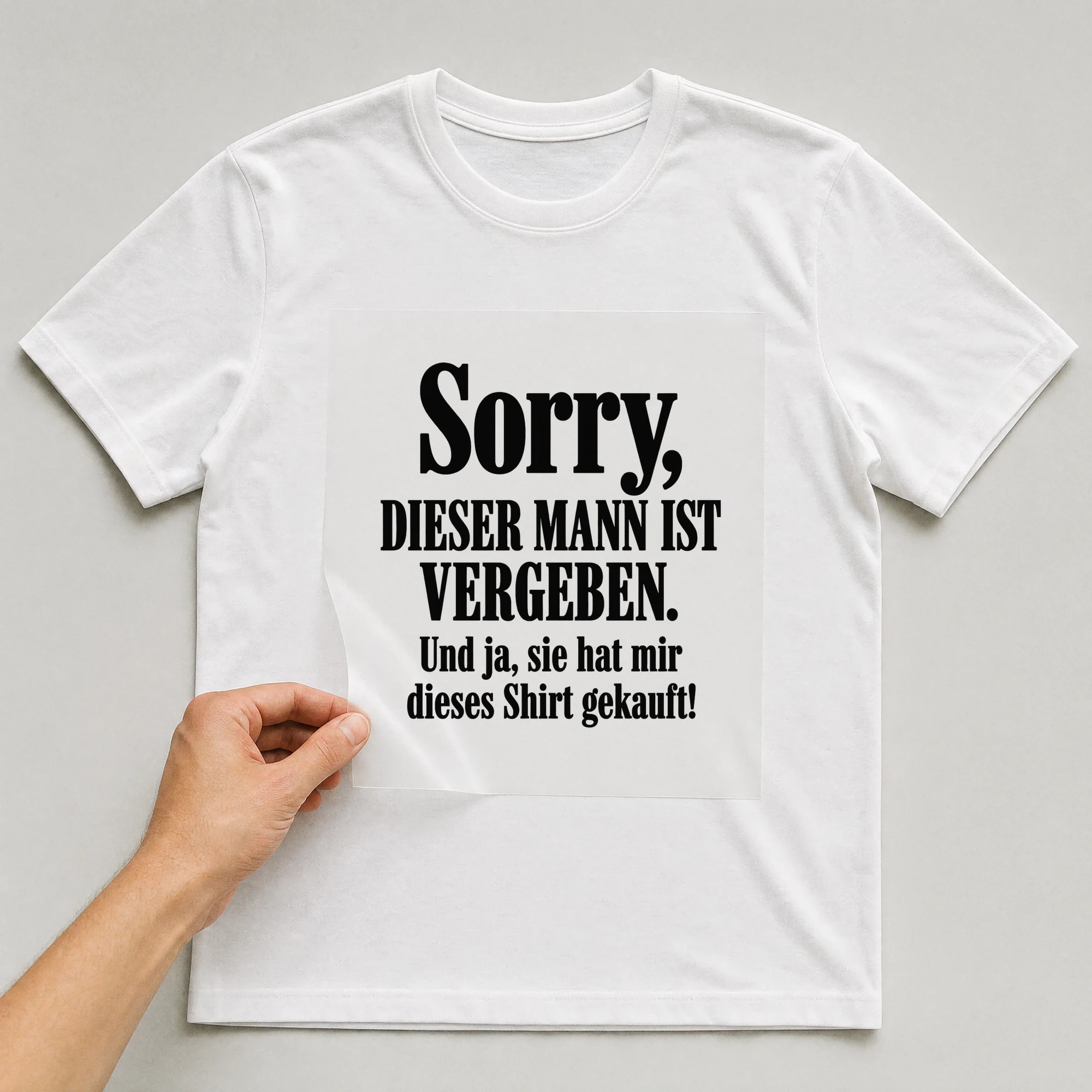 Bügelbild „Sorry, dieser Mann ist vergeben. Und ja, sie hat mir dieses Shirt gekauft!“ auf weißem T-Shirt, Folie wird aufgelegt