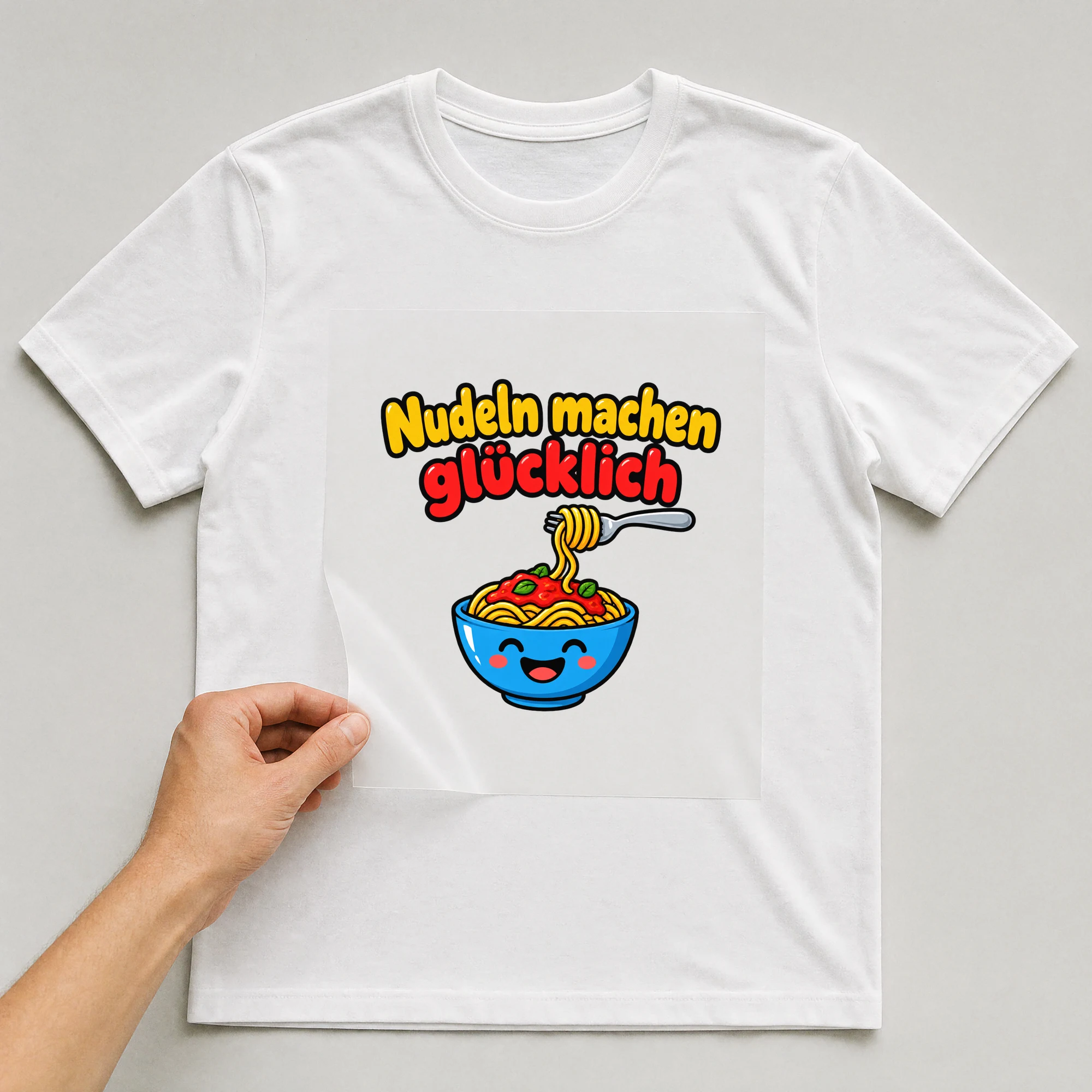 Bügelbild „Nudeln machen glücklich“ auf weißem T-Shirt, Folie wird aufgelegt