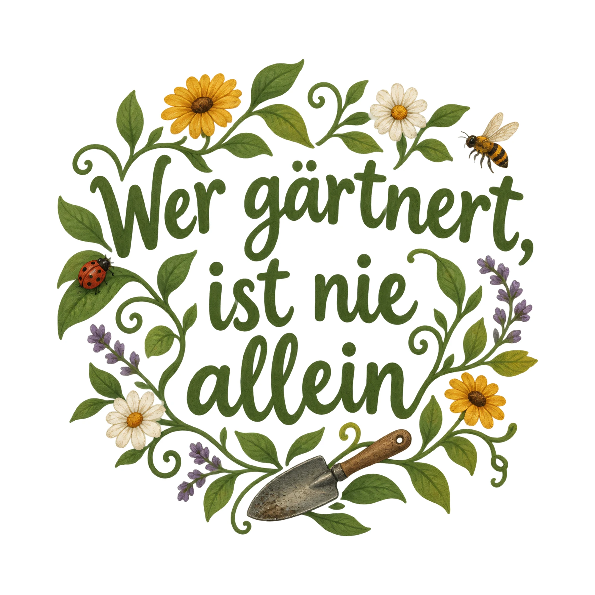 Bügelbild Wer gärtnert, ist nie allein, Hobby Shirt Spruch als Grafik auf weißem Hintergrund (BB016447)