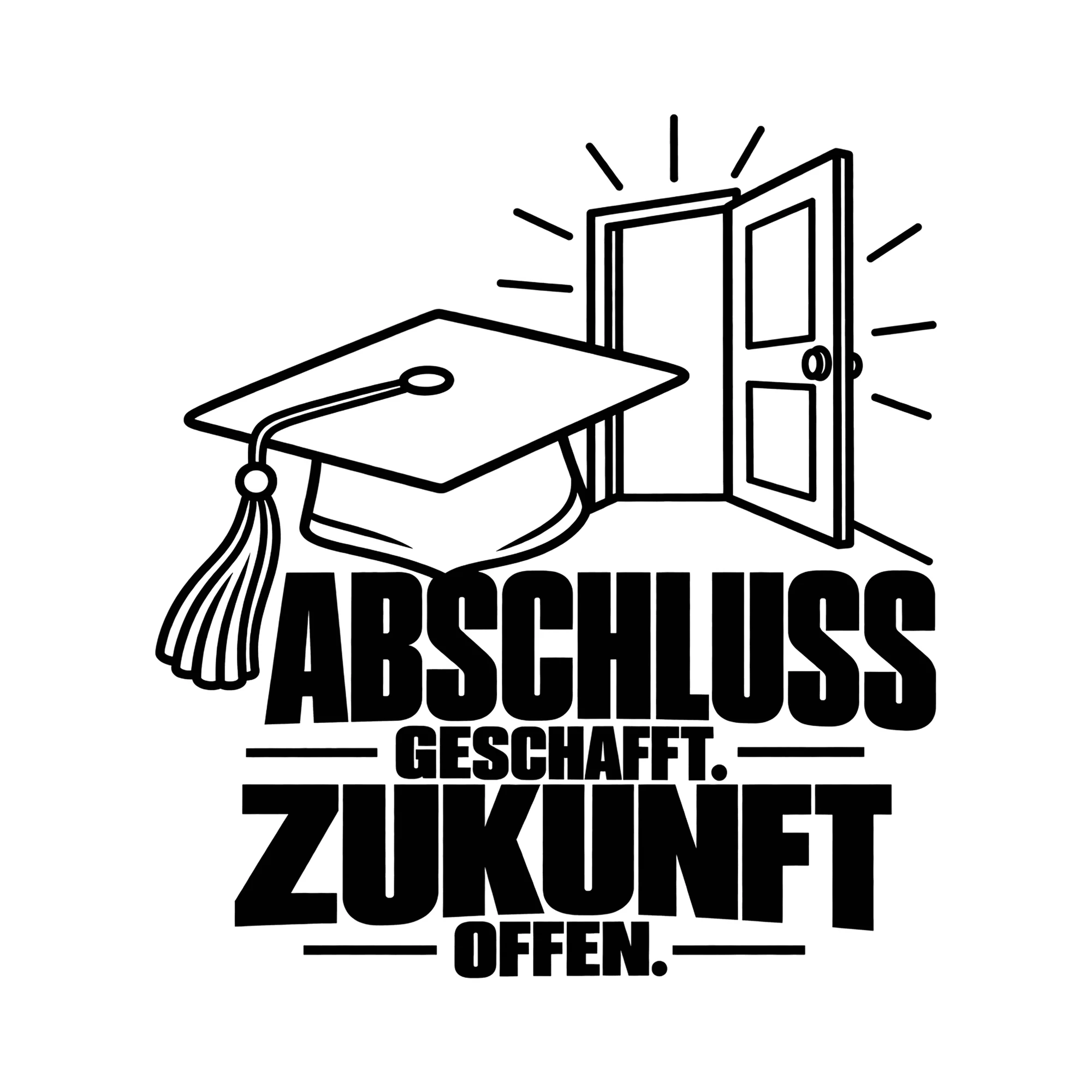 Bügelbild Abschluss geschafft. Zukunft offen. als Grafik auf weißem Hintergrund (BB011467)