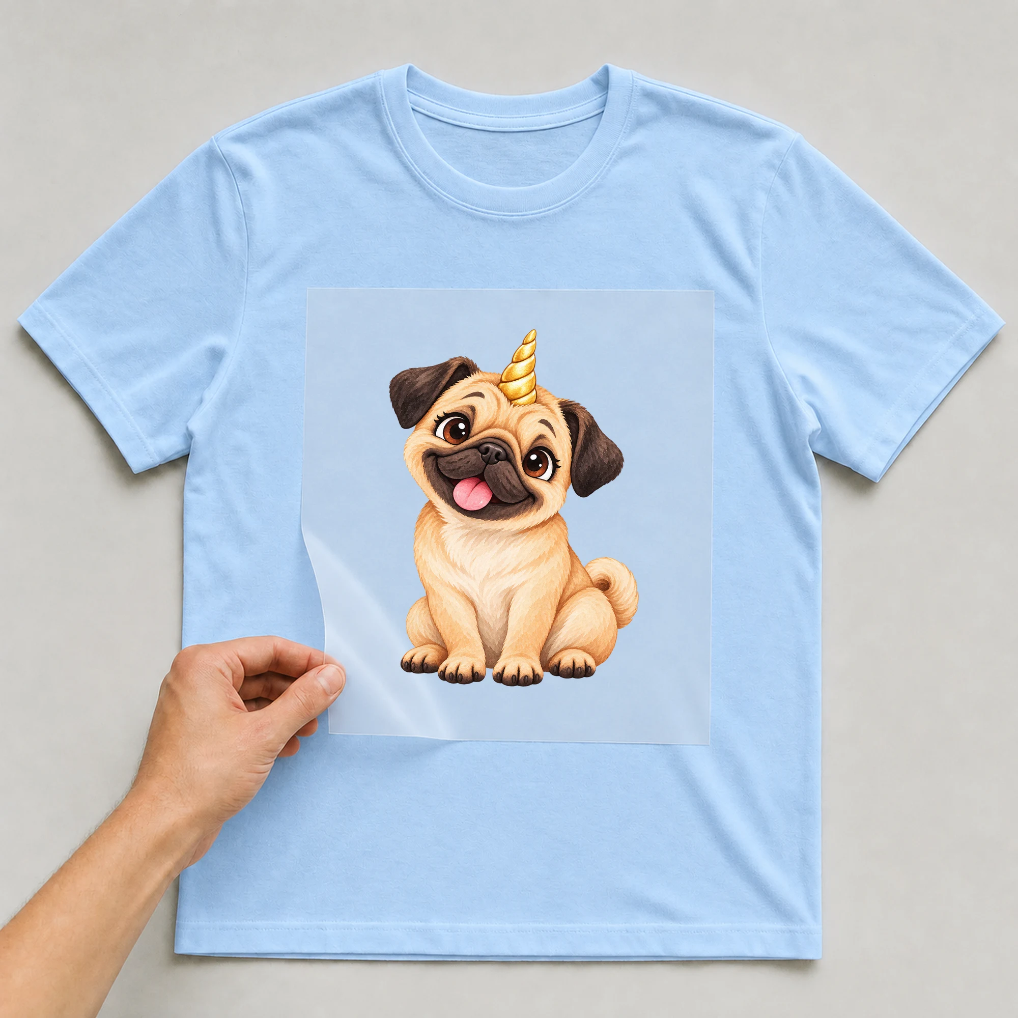Bügelbild „Unicorn Dog“ auf babyblauem T-Shirt, Folie wird aufgelegt