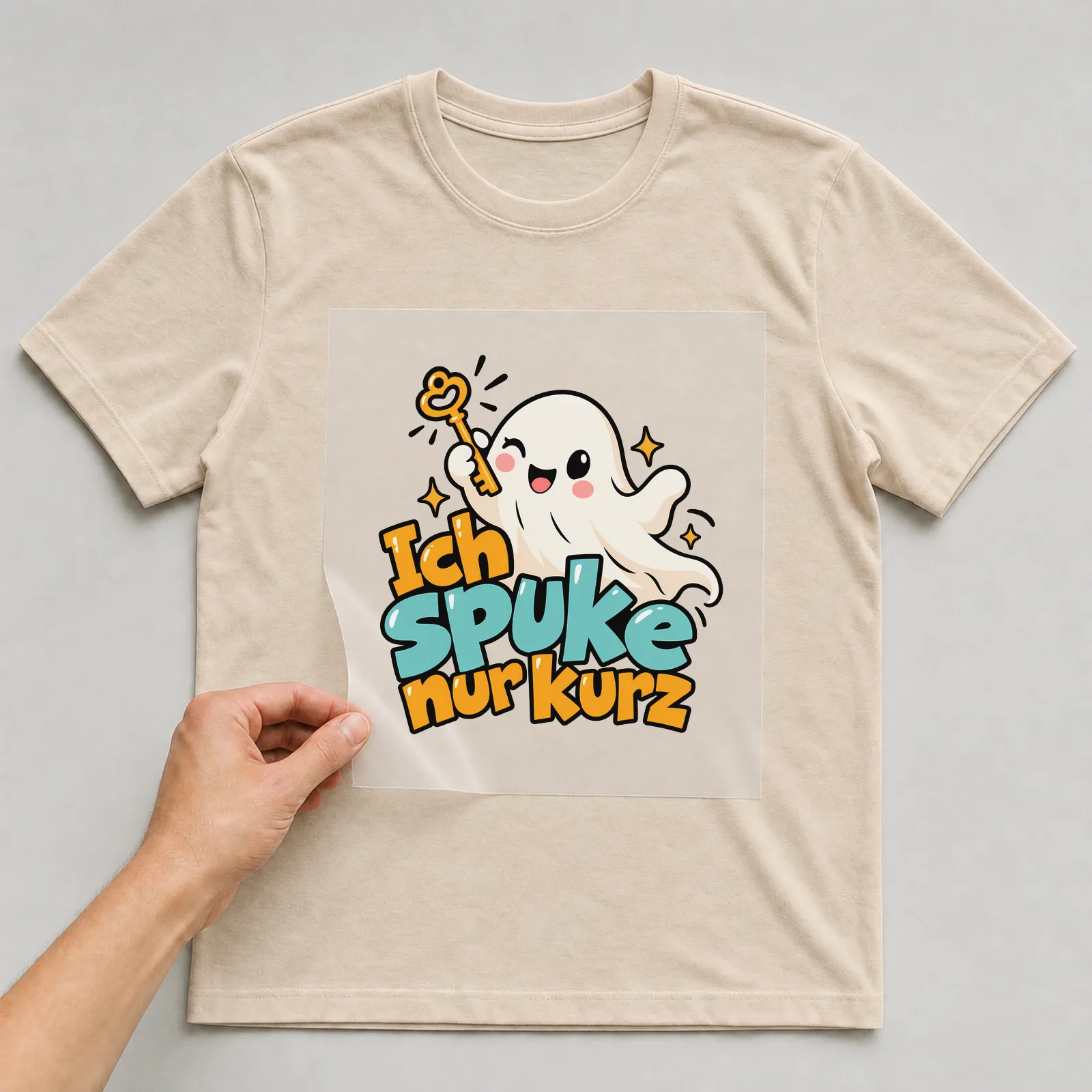 Bügelbild „Ich spuke nur kurz“ auf beigem T-Shirt, Folie wird aufgelegt