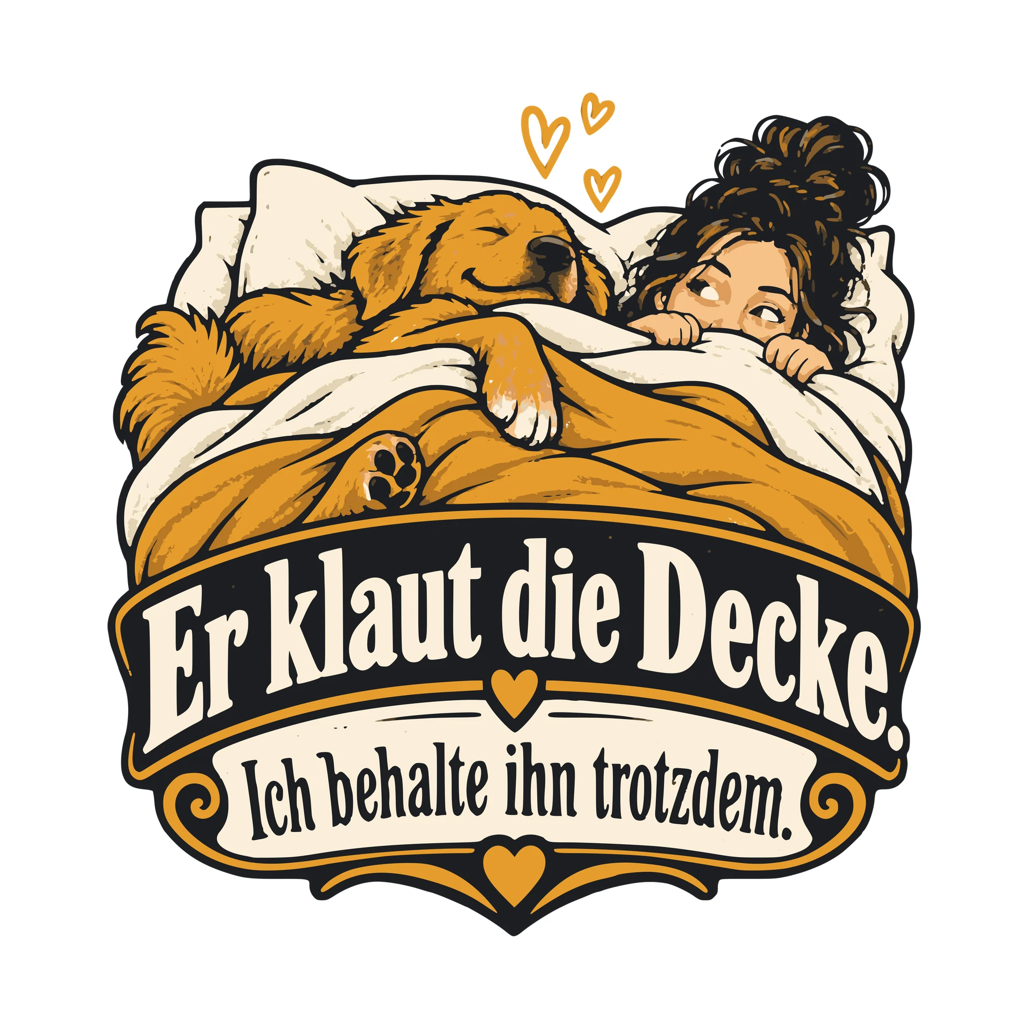 Bügelbild Er klaut die Decke. Ich behalte ihn trotzdem. (Partnermotiv) als Grafik auf weißem Hintergrund (BB011315)