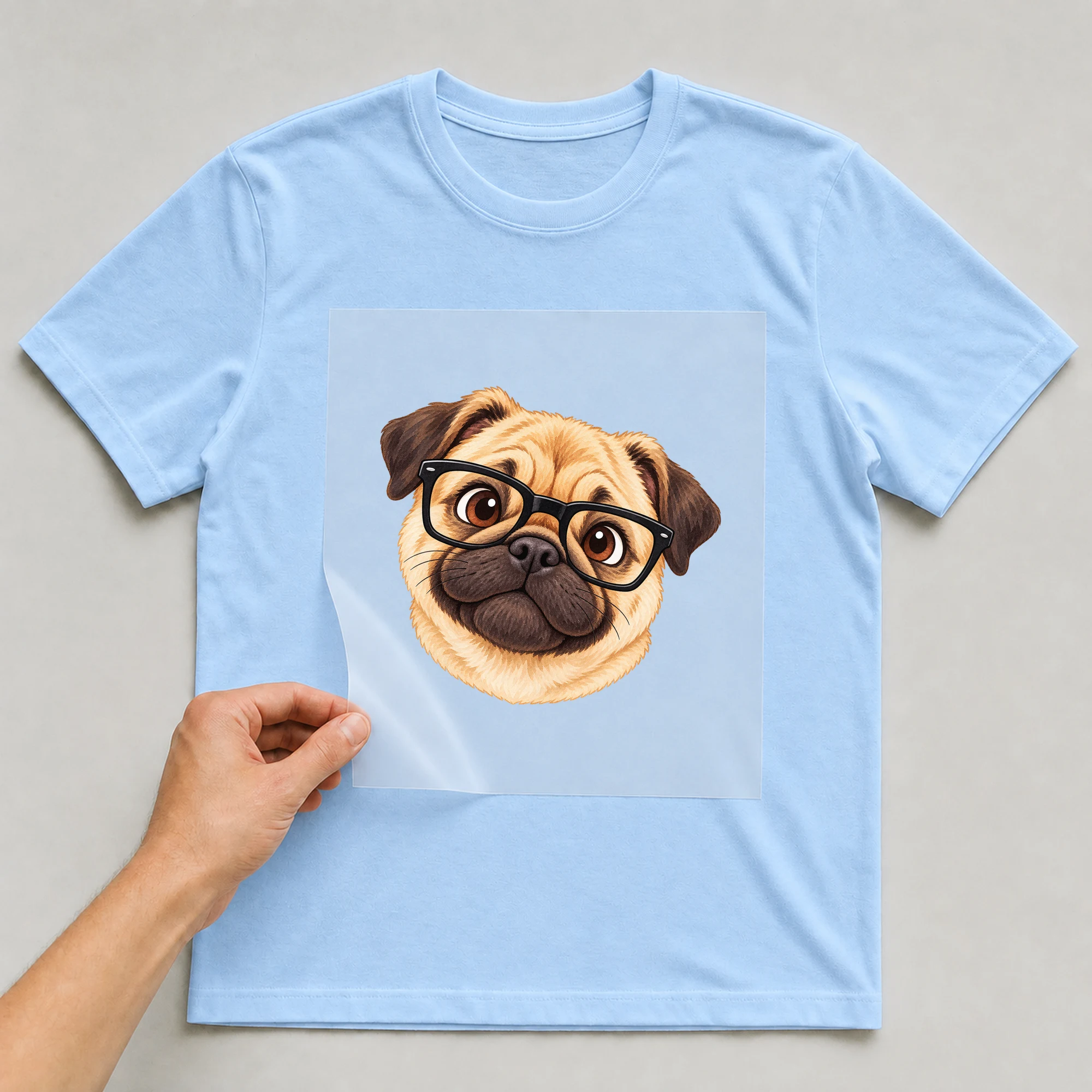 Bügelbild „Nerdiger Hund“ auf babyblauem T-Shirt, Folie wird aufgelegt