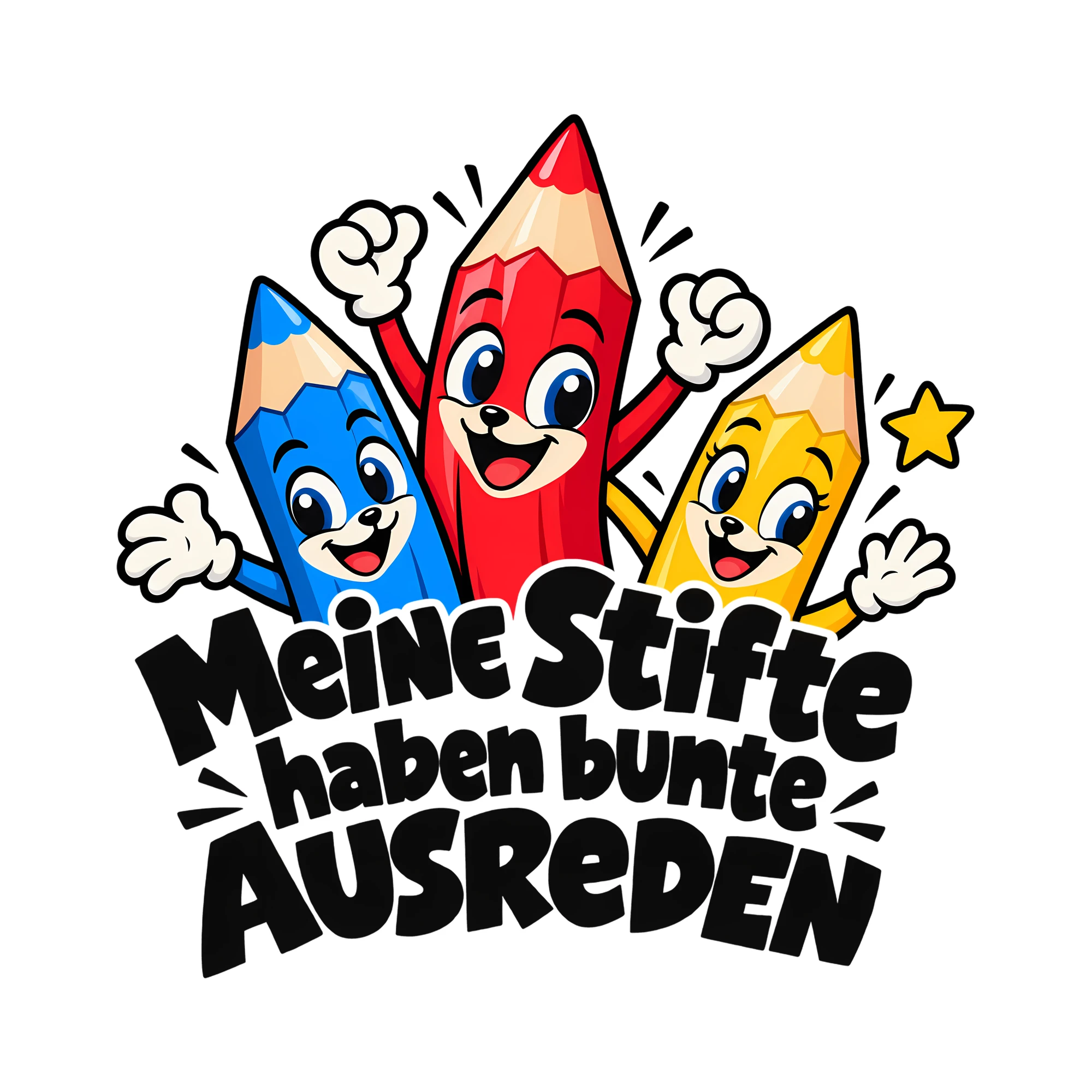 Bügelbild Meine Stifte haben bunte AUSREDEN als Grafik auf weißem Hintergrund (BB011760)