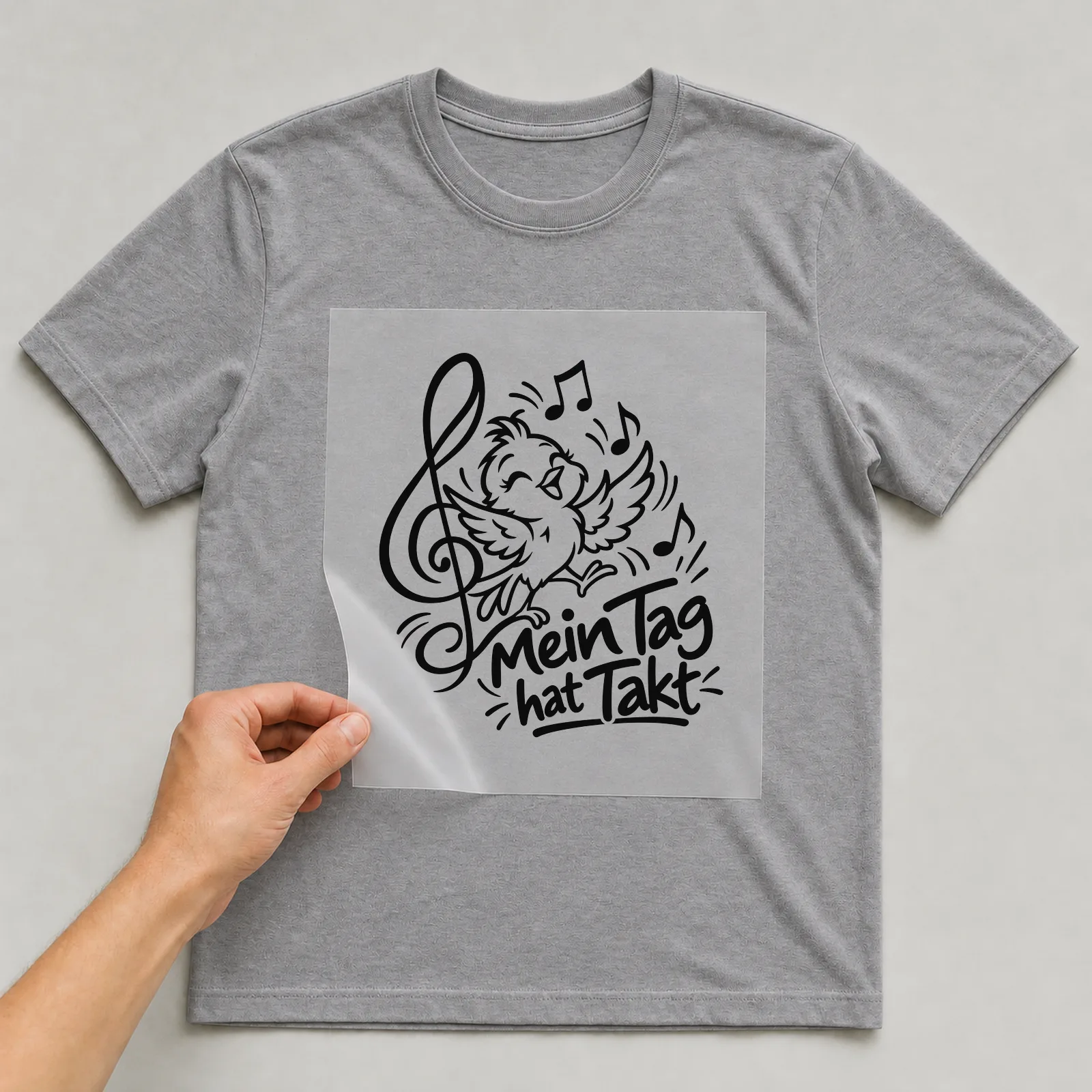 Bügelbild „Mein Tag hat Takt“ auf grauem T-Shirt, Folie wird aufgelegt