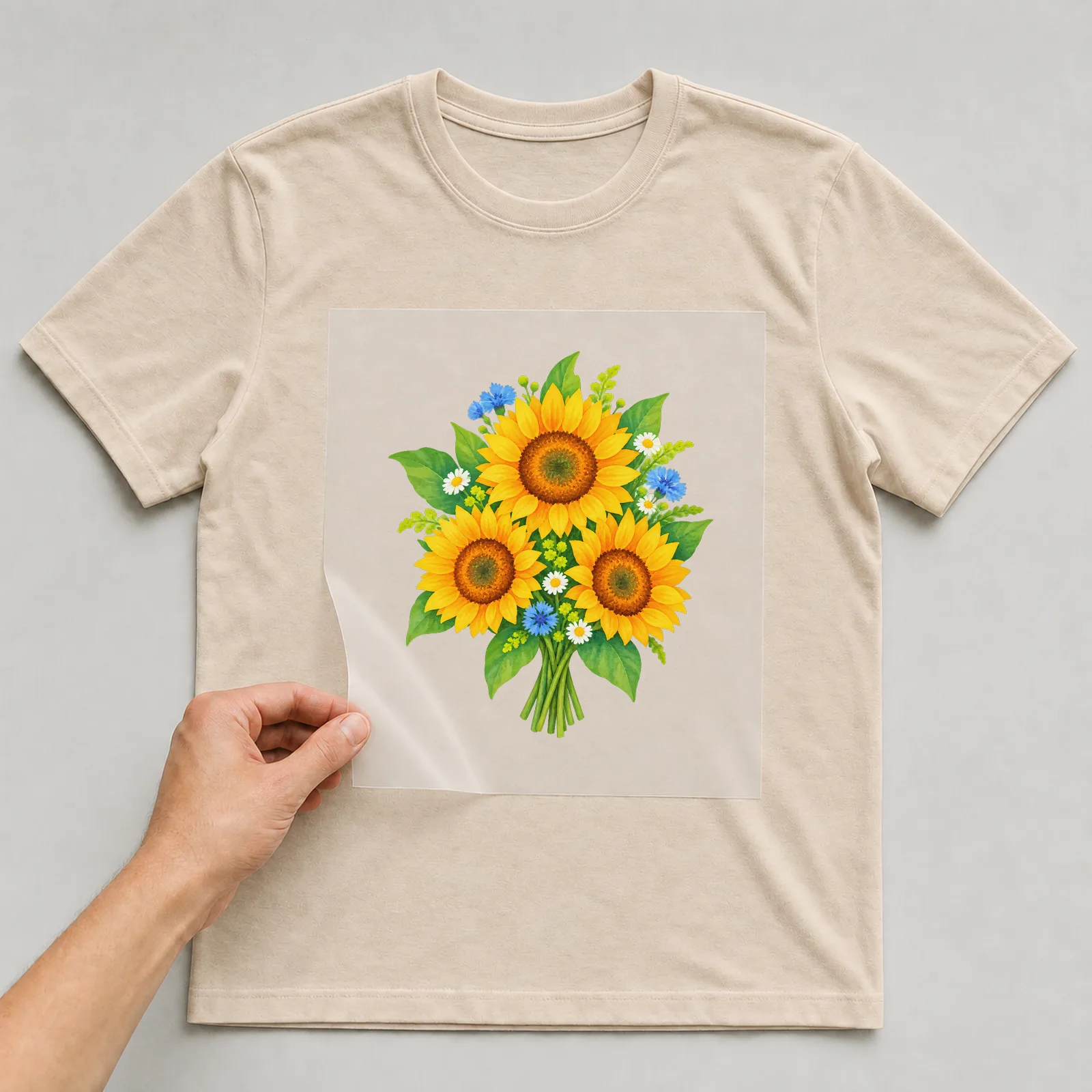Bügelbild natur sonnenblumenstrauss auf beigem T-Shirt, Folie wird aufgelegt
