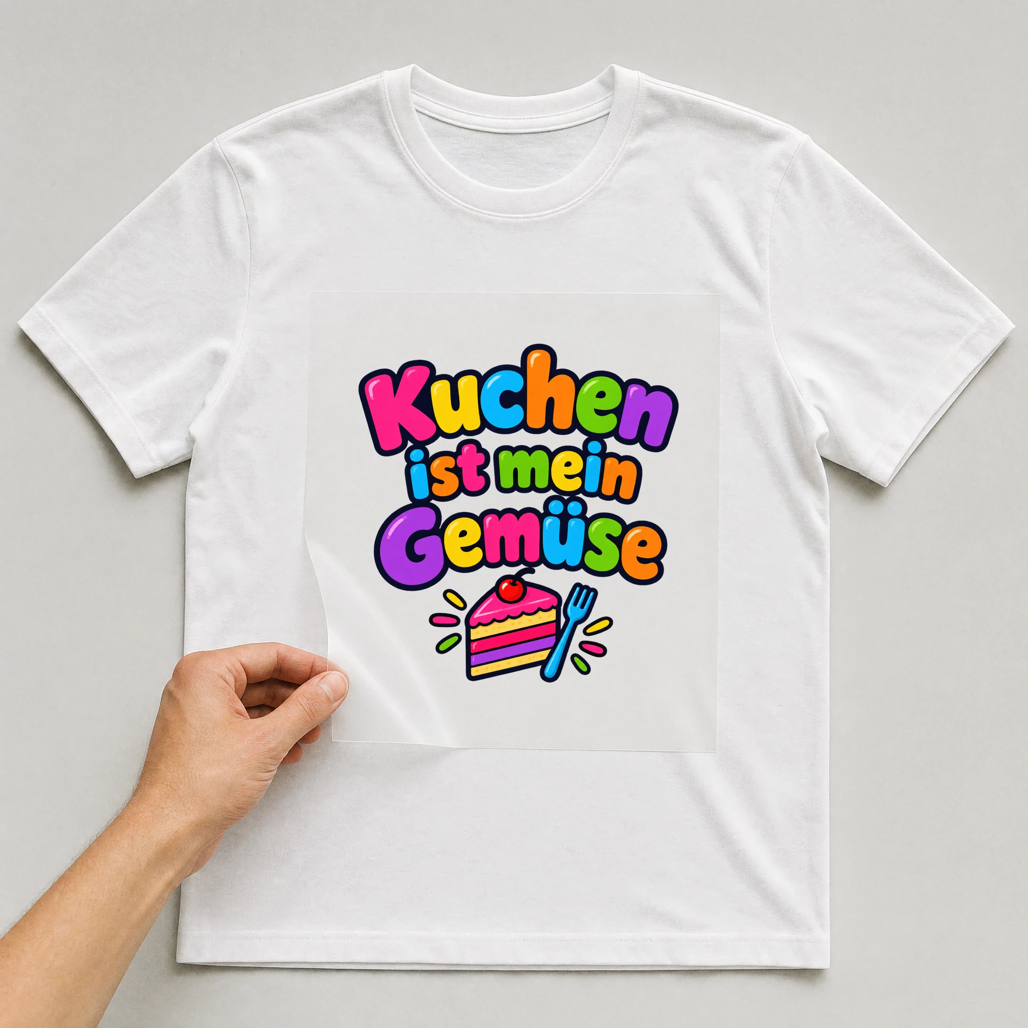 Bügelbild „Kuchen ist mein Gemüse“ auf weißem T-Shirt, Folie wird aufgelegt