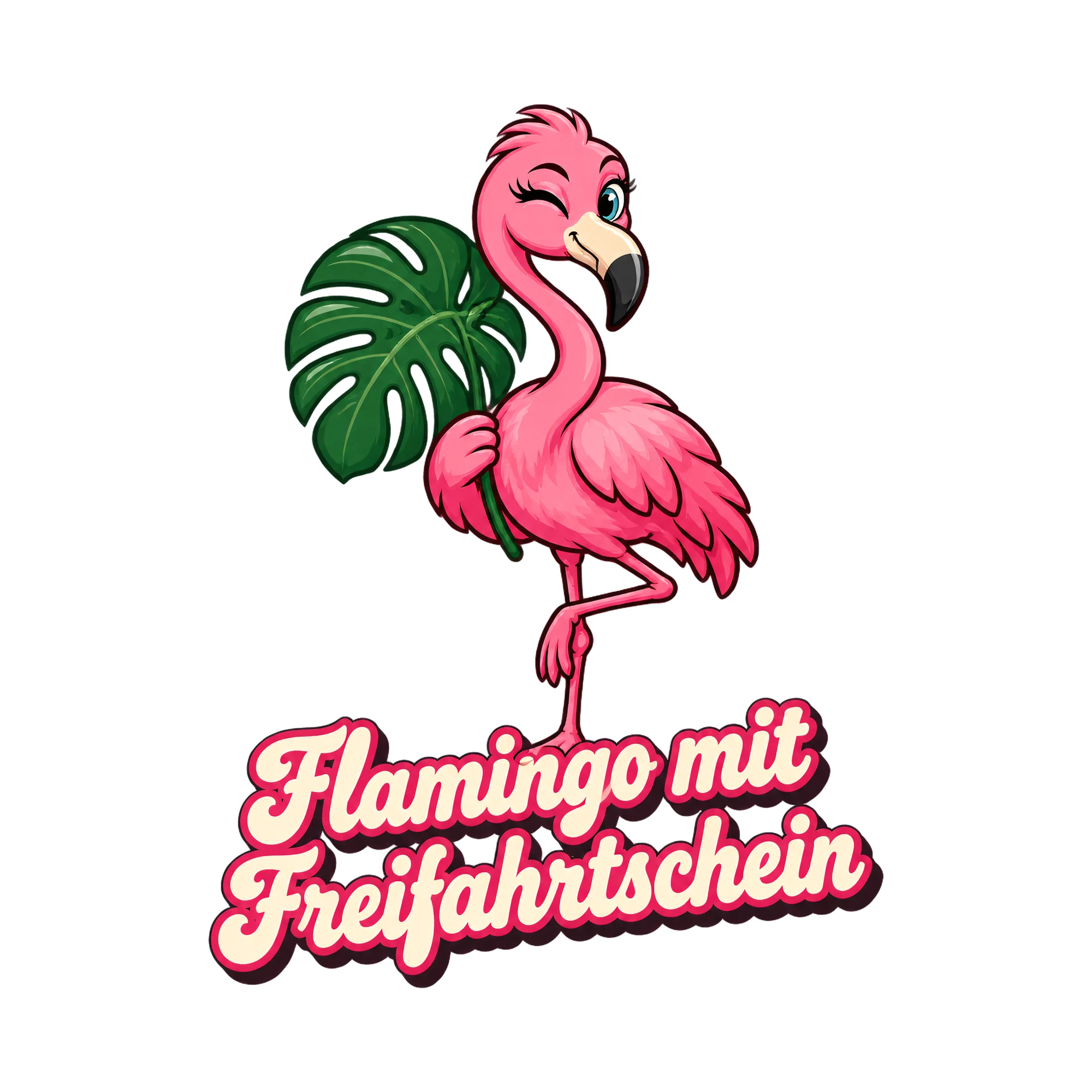 Bügelbild Flamingo mit Freifahrtschein als Grafik auf weißem Hintergrund (BB013041)