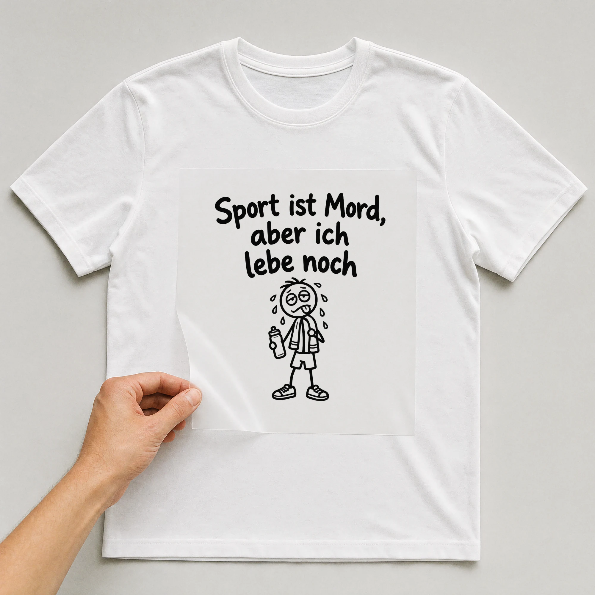 Bügelbild „Sport ist Mord, aber ich lebe noch“ auf weißem T-Shirt, Folie wird aufgelegt