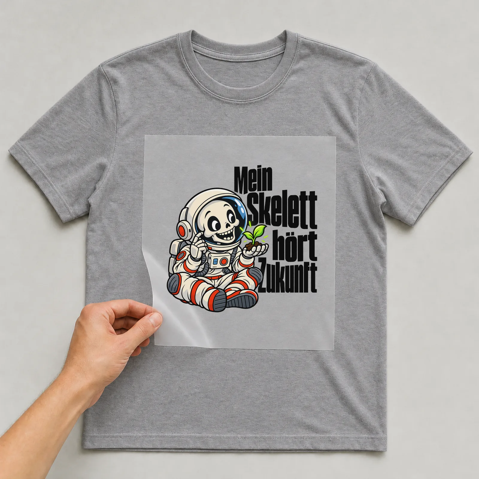 Bügelbild „Mein Skelett hört Zukunft“ auf grauem T-Shirt, Folie wird aufgelegt