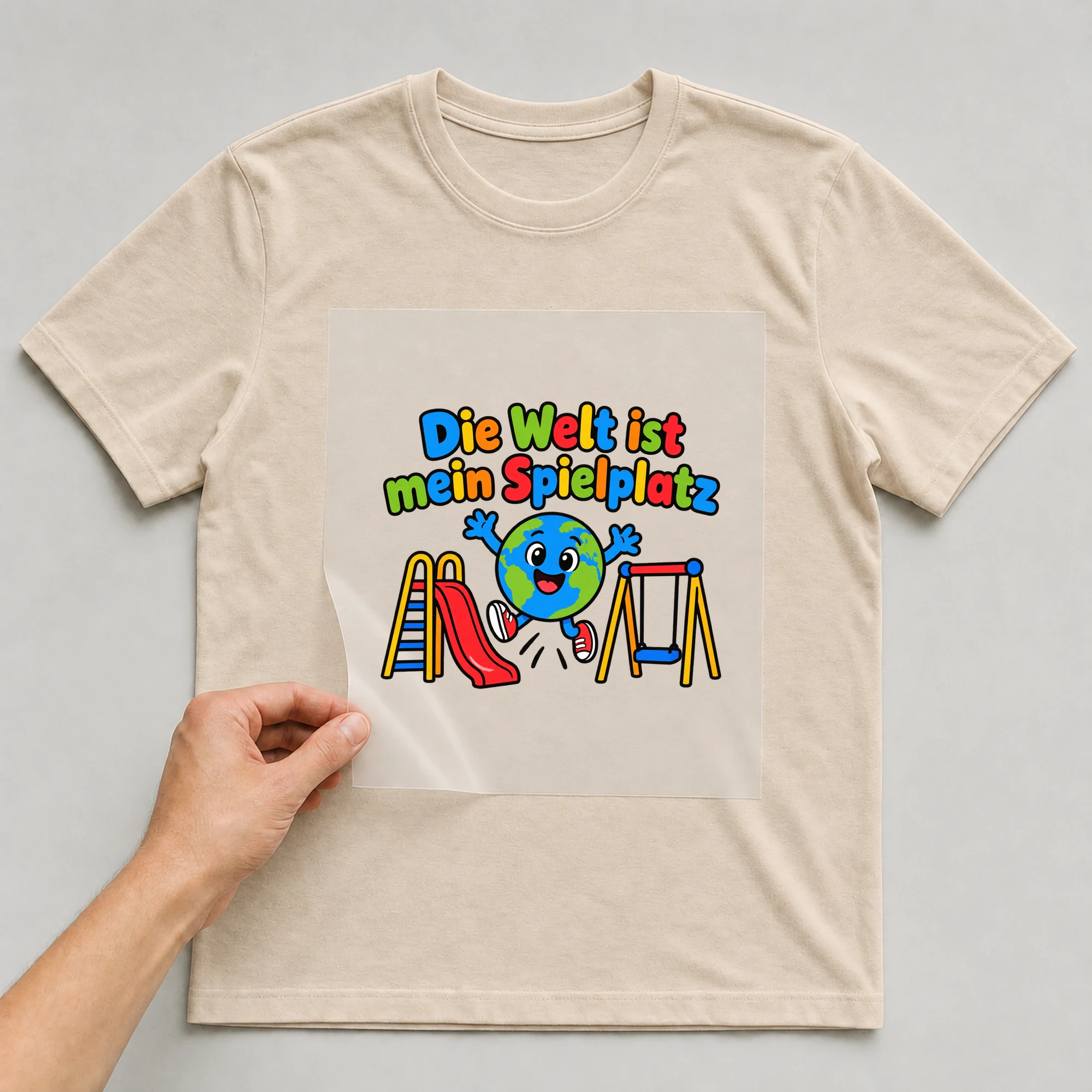 Bügelbild „Die Welt ist mein Spielplatz“ auf beigem T-Shirt, Folie wird aufgelegt