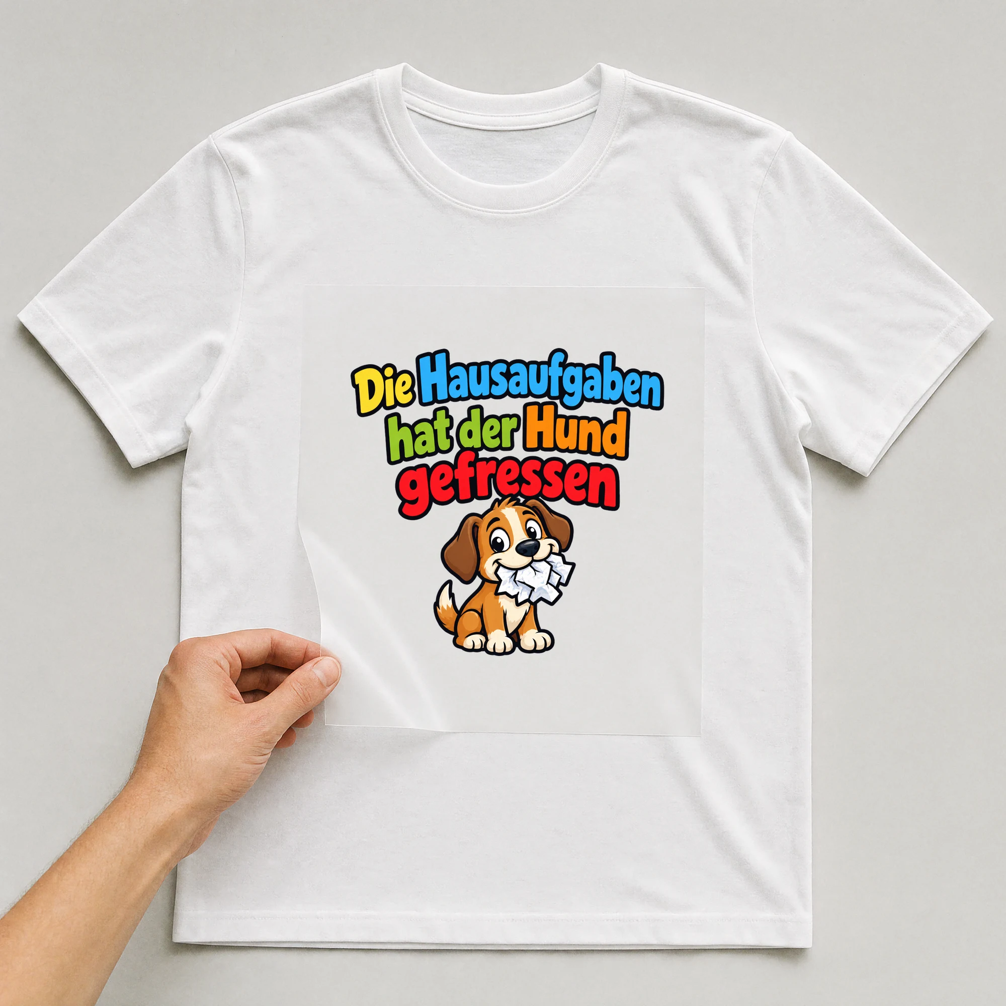 Bügelbild „Die Hausaufgaben hat der Hund gefressen“ auf weißem T-Shirt, Folie wird aufgelegt