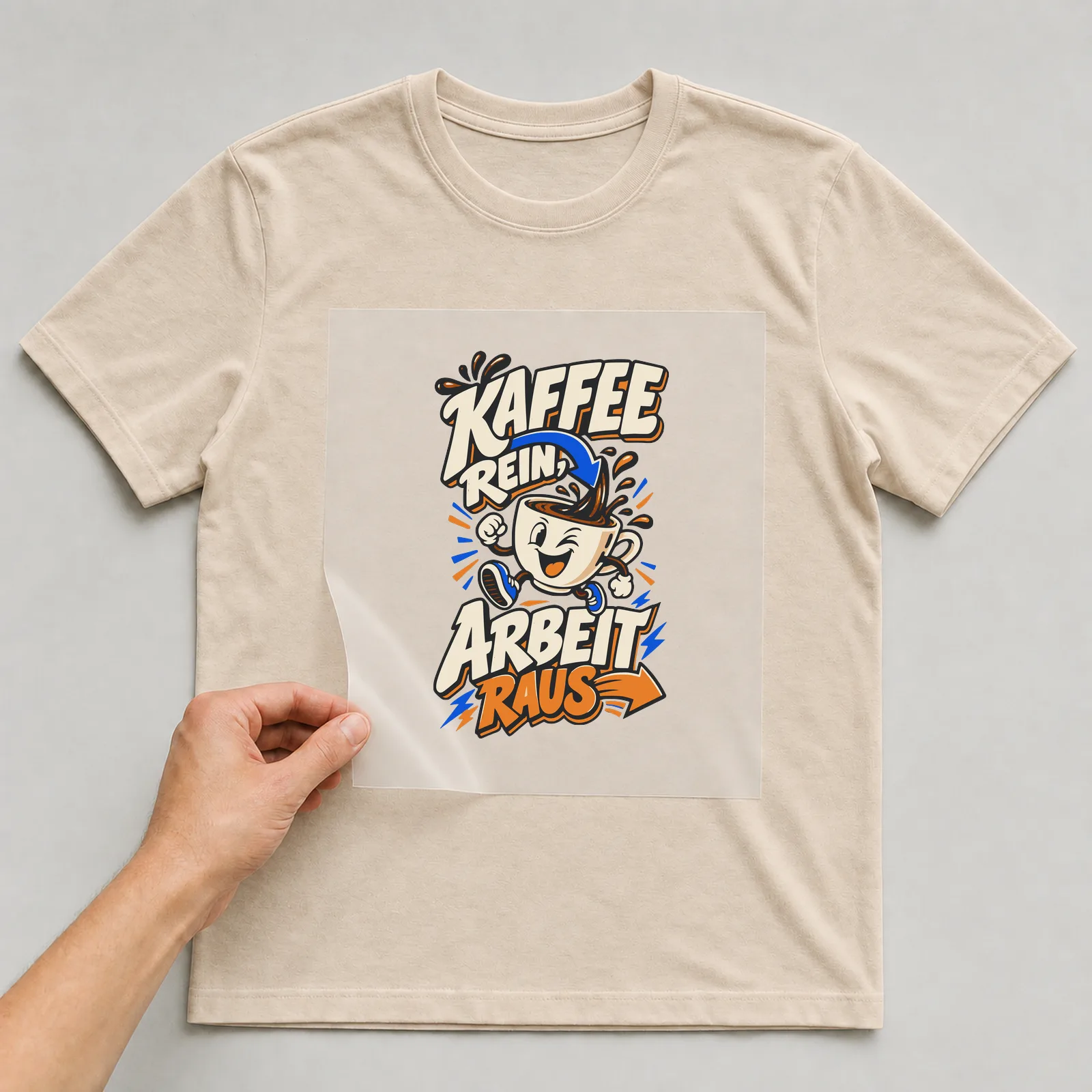 Bügelbild Kaffee rein, Arbeit raus auf beigem T-Shirt, Folie wird aufgelegt
