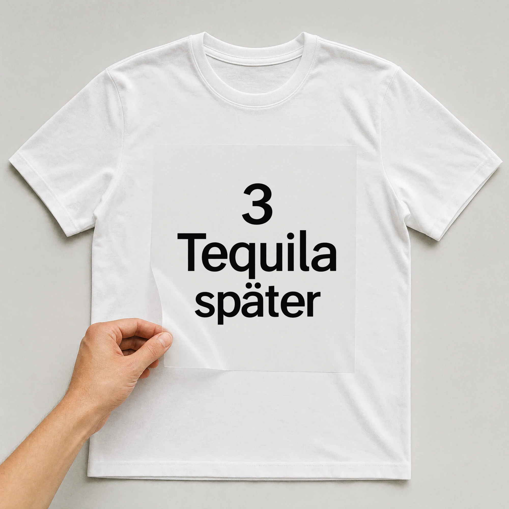 Bügelbild „3 Tequila später“ auf weißem T-Shirt, Folie wird aufgelegt
