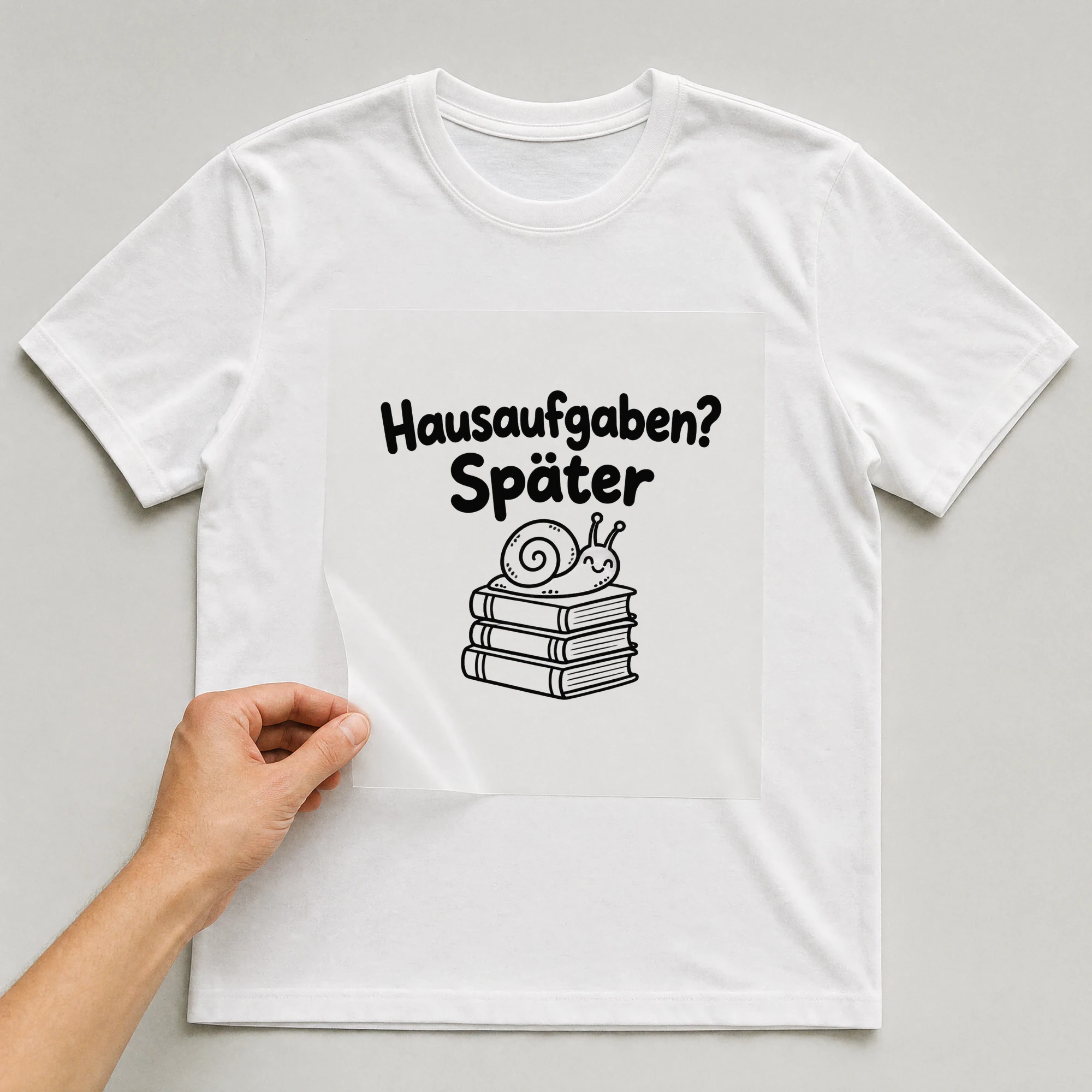 Bügelbild „Hausaufgaben? Später“ auf weißem T-Shirt, Folie wird aufgelegt