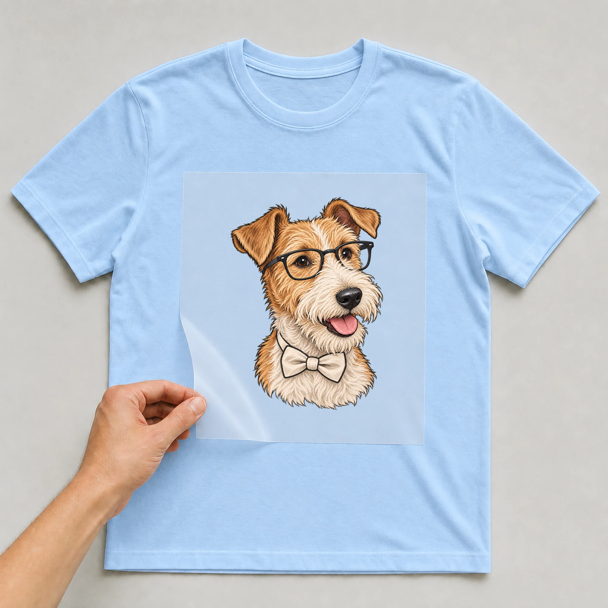 Bügelbild „Hipster Hund“ auf babyblauem T-Shirt, Folie wird aufgelegt