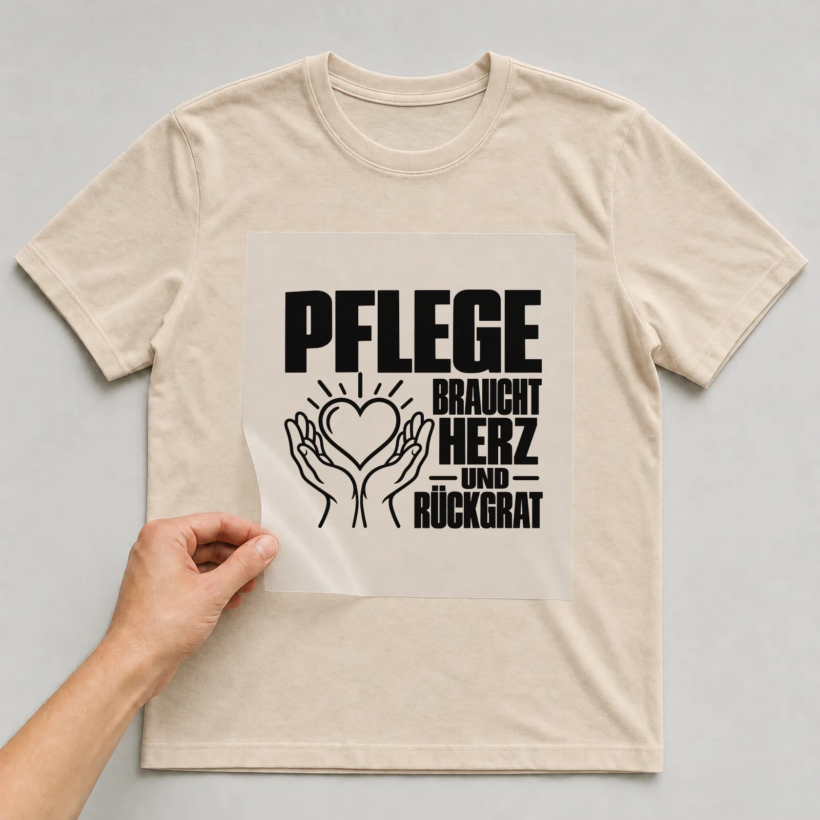 Bügelbild „Pflege braucht Herz und Rückgrat“ auf beigem T-Shirt, Folie wird aufgelegt
