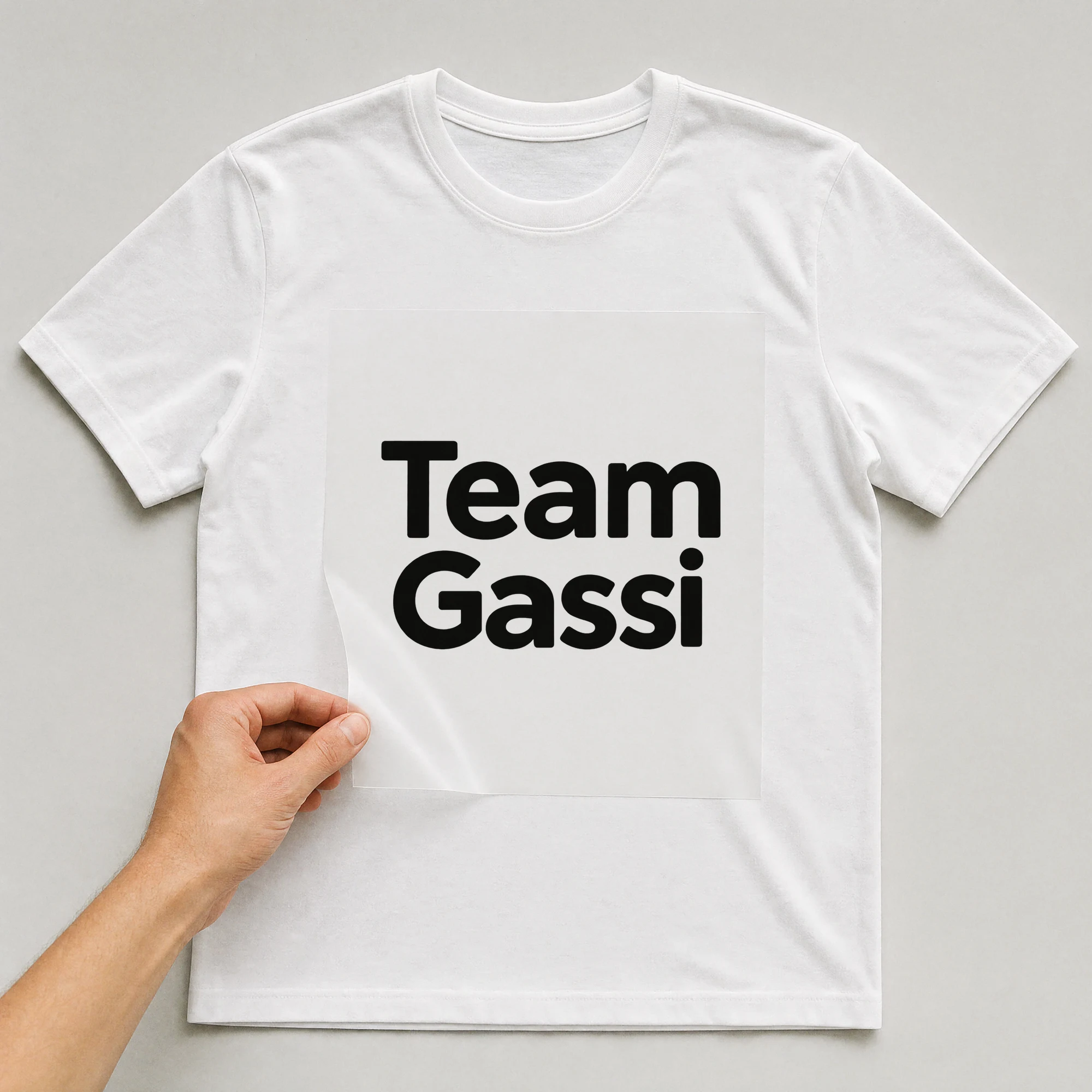 Bügelbild „Team Gassi“ auf weißem T-Shirt, Folie wird aufgelegt