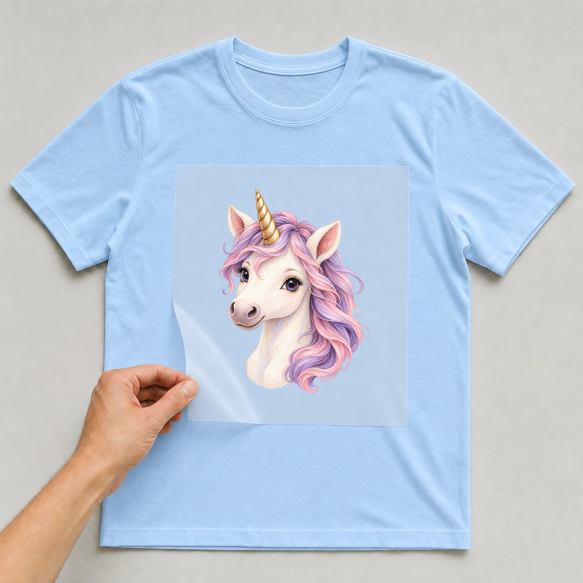 Bügelbild „Beautiful Baby Unicorn“ auf babyblauem T-Shirt, Folie wird aufgelegt