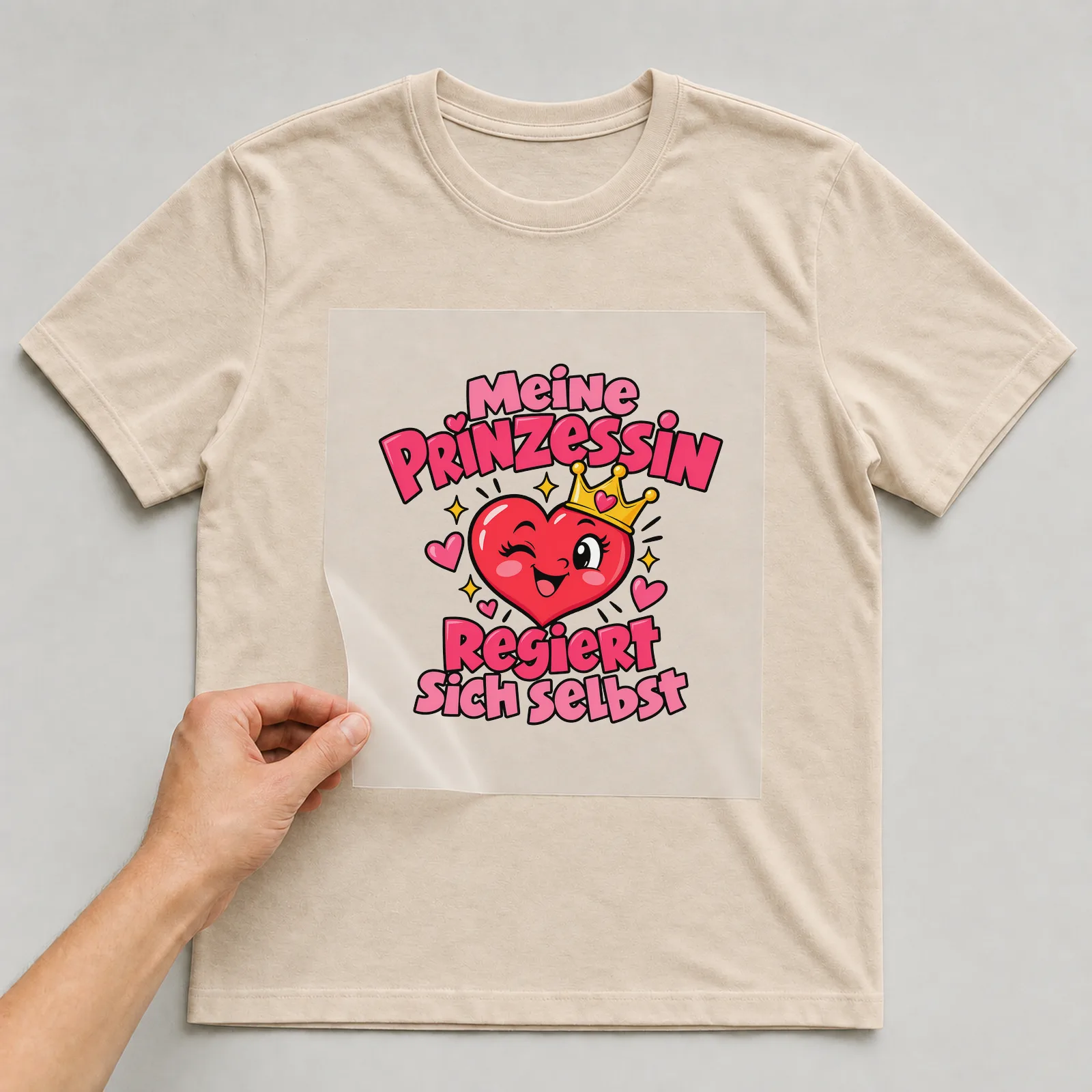 Bügelbild „Meine Prinzessin regiert sich selbst“ auf beigem T-Shirt, Folie wird aufgelegt