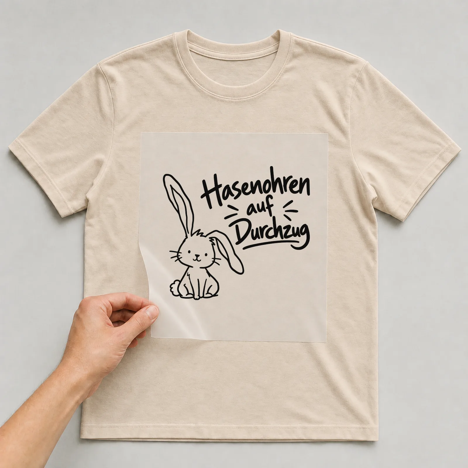 Bügelbild „Hasenohren auf Durchzug“ auf beigem T-Shirt, Folie wird aufgelegt