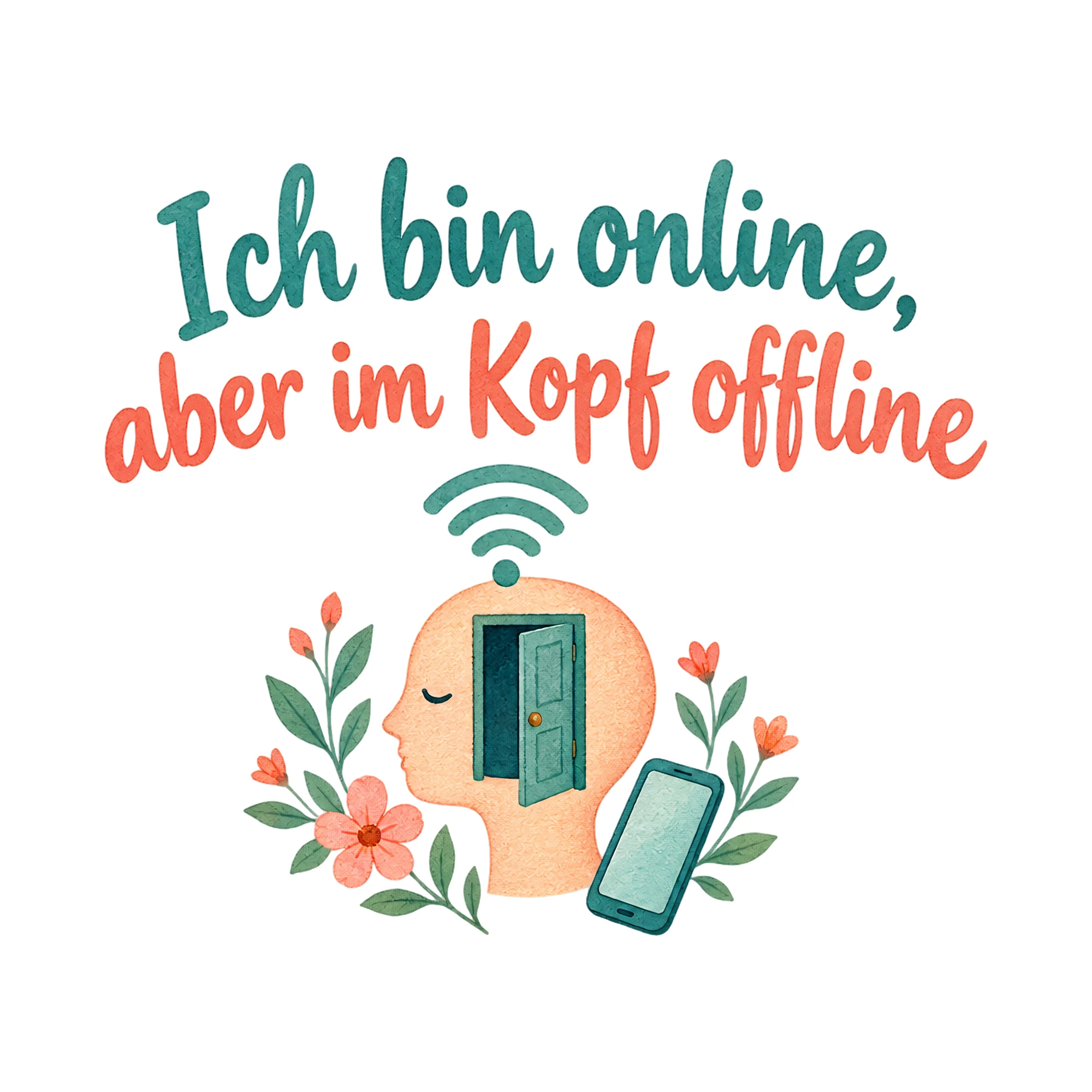 Bügelbild Ich bin online, aber im Kopf offline als Grafik auf weißem Hintergrund (BB020371)