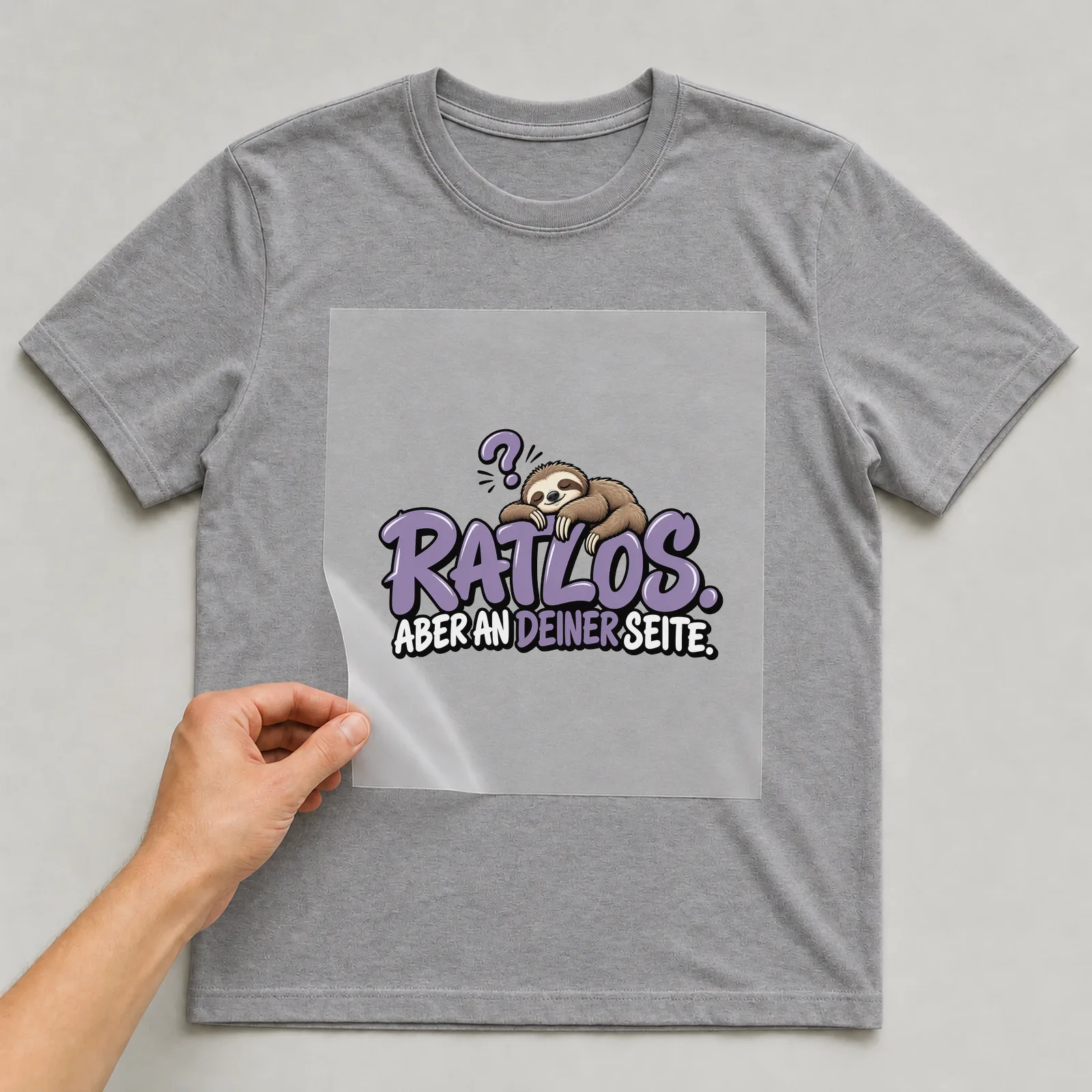 Bügelbild „Ratlos. Aber an deiner Seite.“ auf grauem T-Shirt, Folie wird aufgelegt