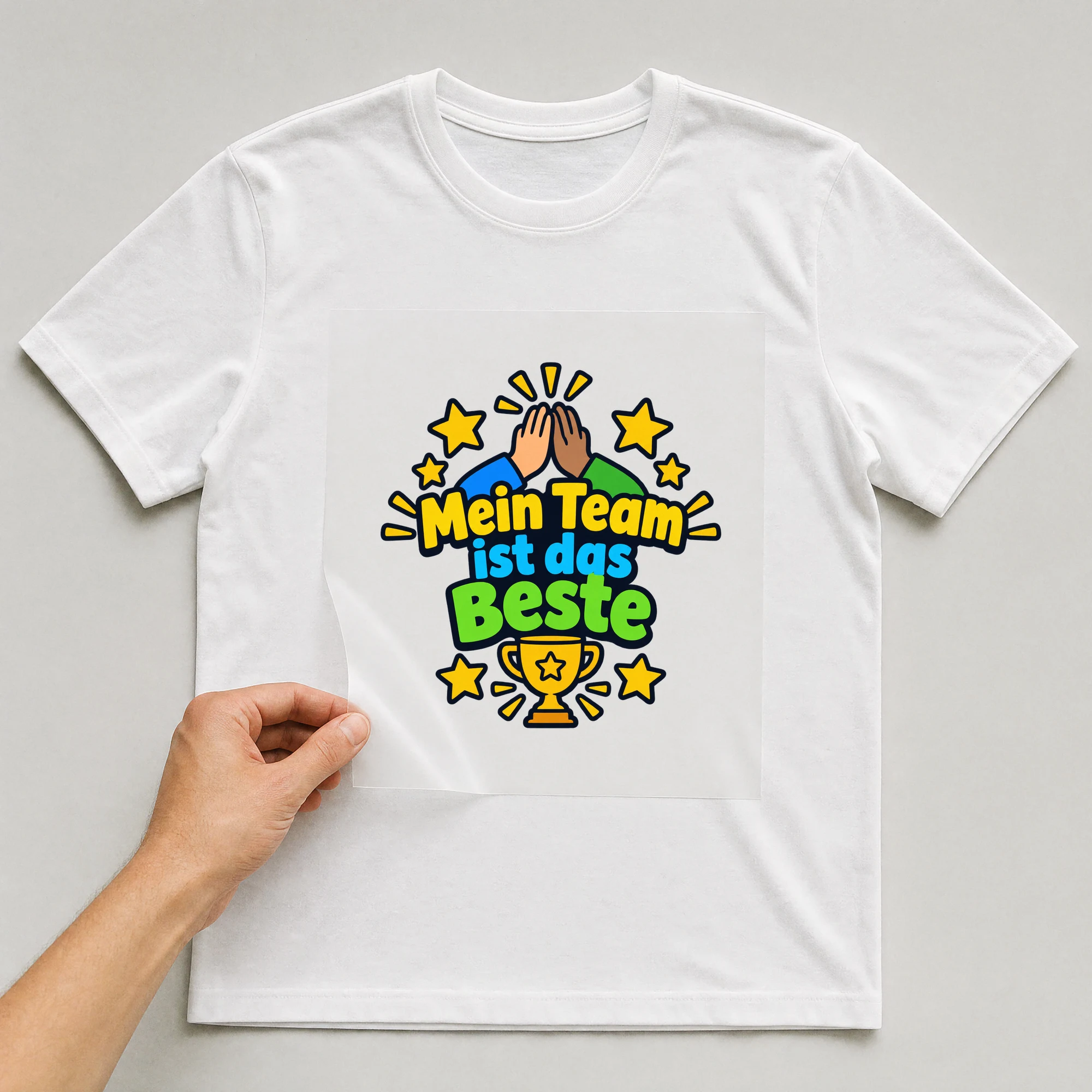 Bügelbild „Mein Team ist das Beste“ auf weißem T-Shirt, Folie wird aufgelegt