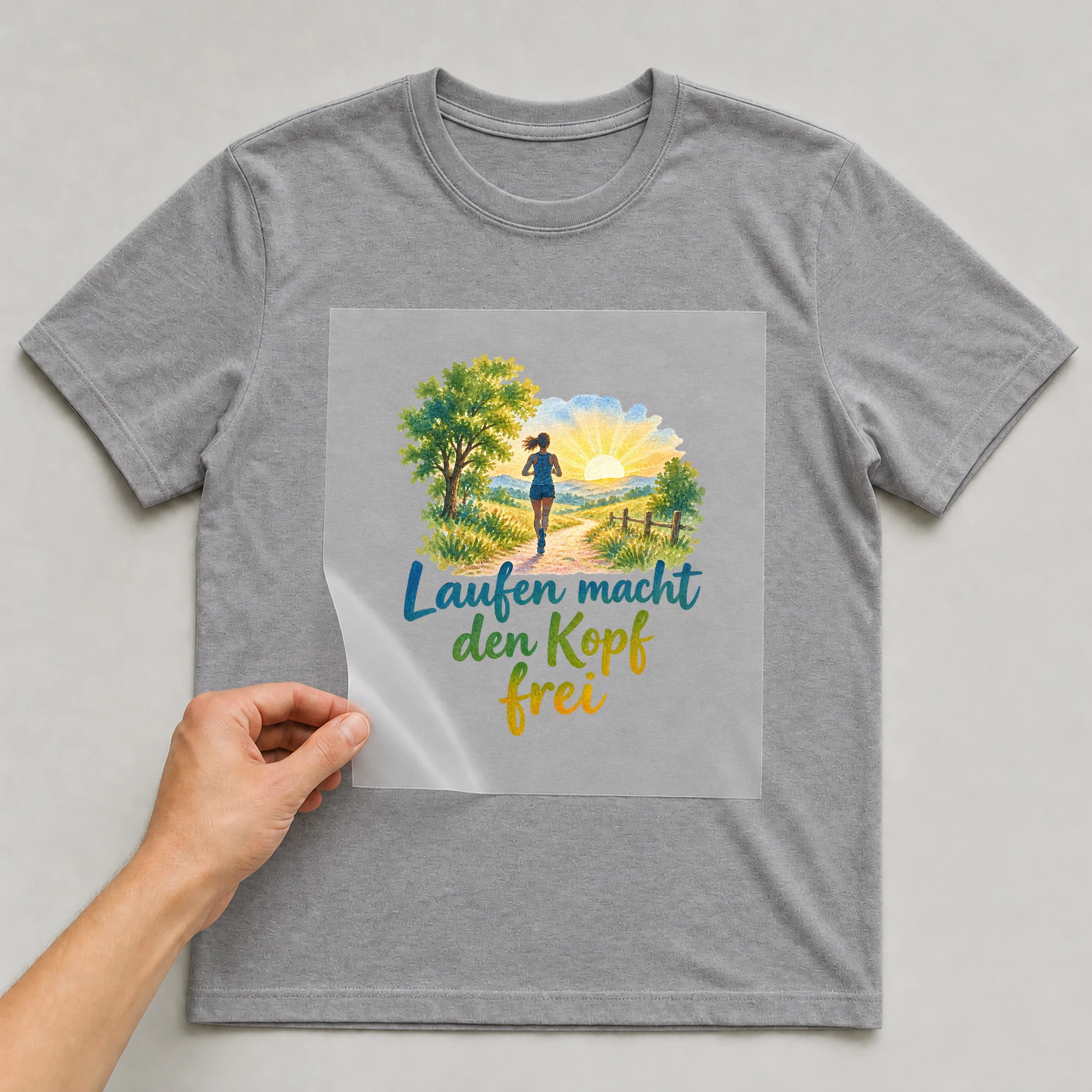 Bügelbild „Laufen macht den Kopf frei“ auf grauem T-Shirt, Folie wird aufgelegt
