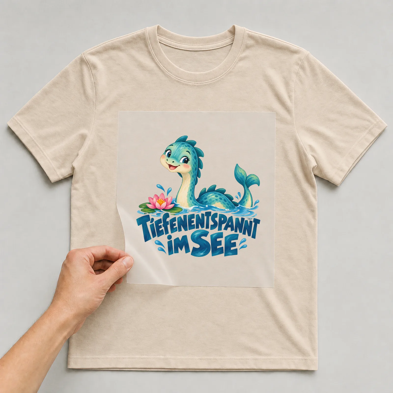 Bügelbild „Tiefenentspannt im See“ auf beigem T-Shirt, Folie wird aufgelegt