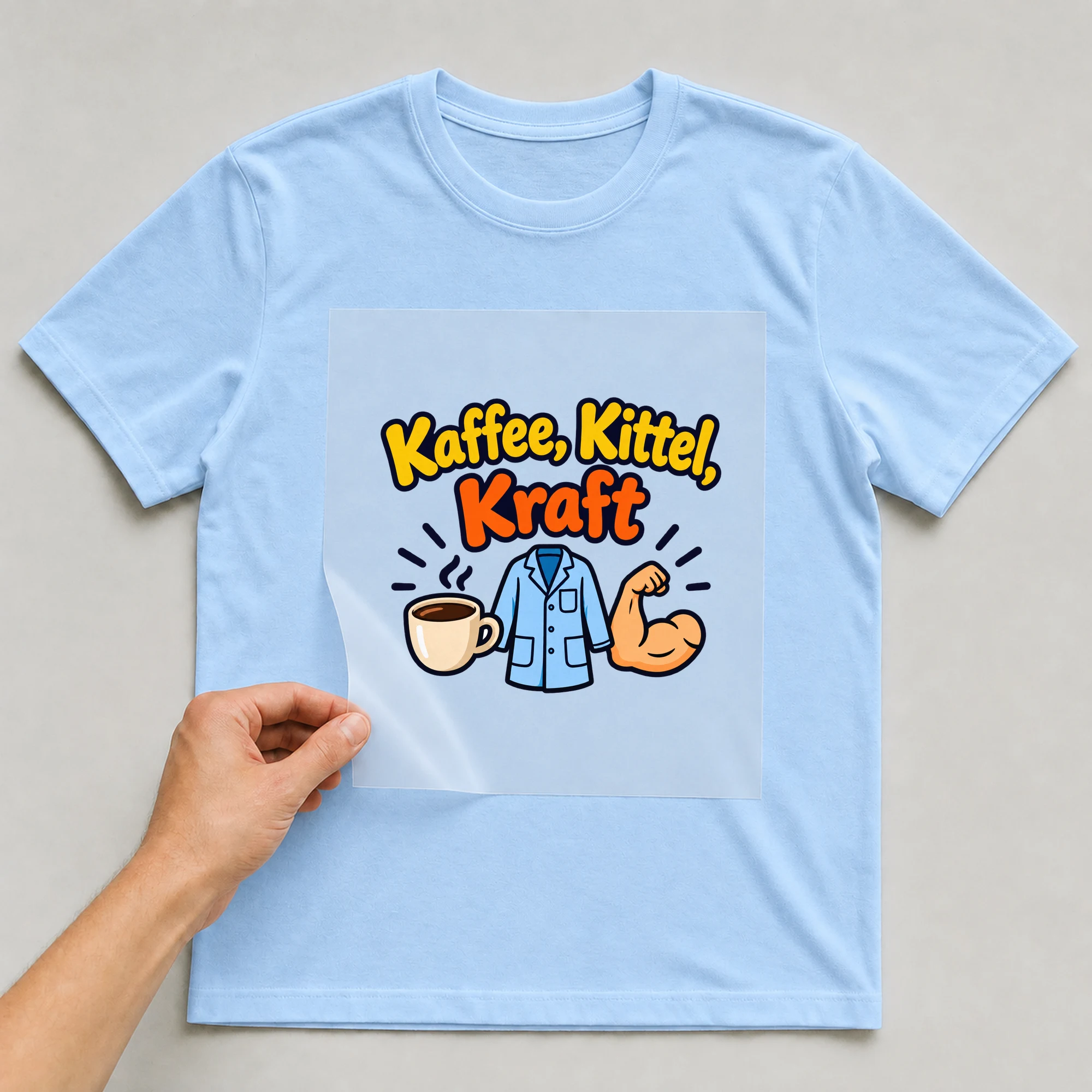 Bügelbild „Kaffee, Kittel, Kraft“ auf babyblauem T-Shirt, Folie wird aufgelegt
