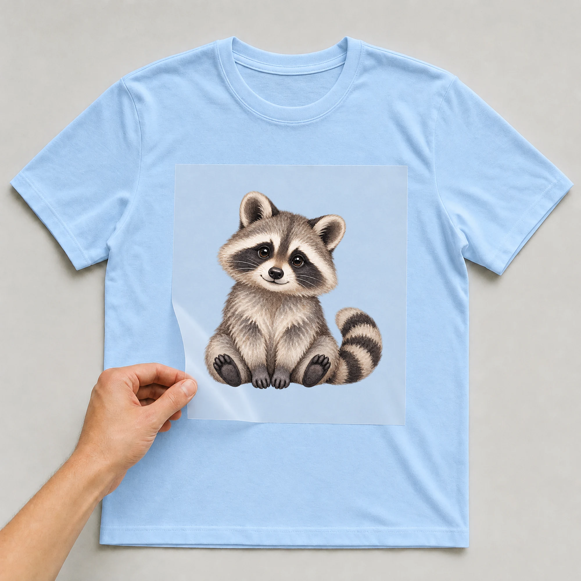 Bügelbild „BB021087-motiv-r03325“ auf babyblauem T-Shirt, Folie wird aufgelegt