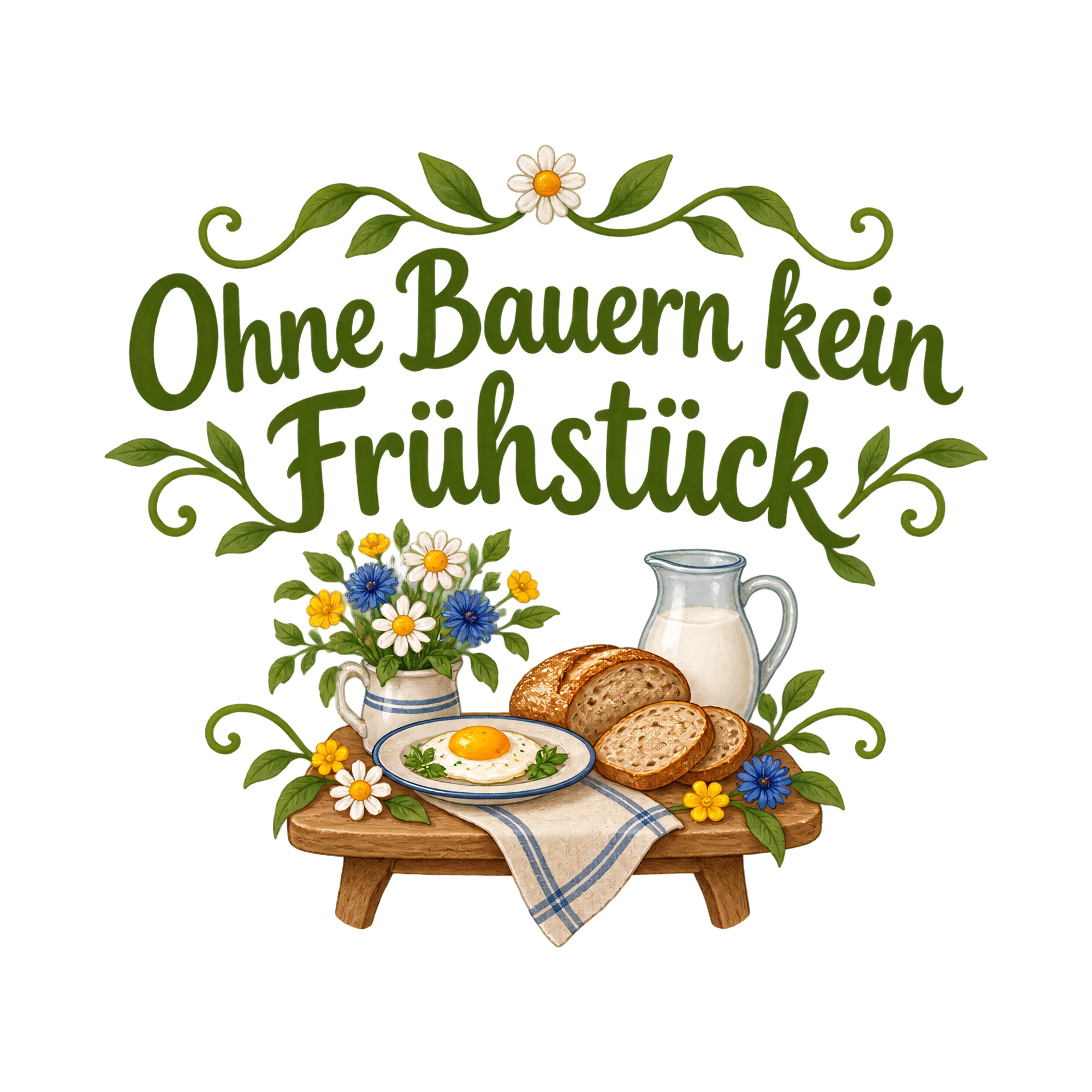 Bügelbild Ohne Bauern kein Frühstück als Grafik auf weißem Hintergrund (BB020310)