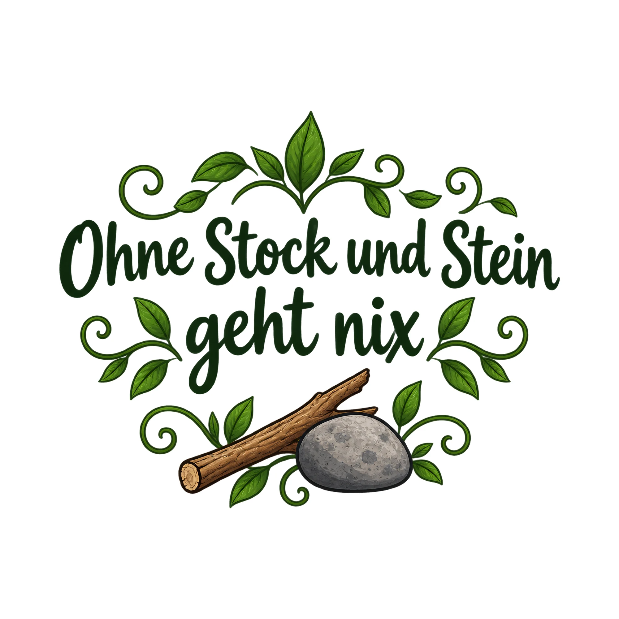 Bügelbild Ohne Stock und Stein geht nix als Grafik auf weißem Hintergrund (BB019967)