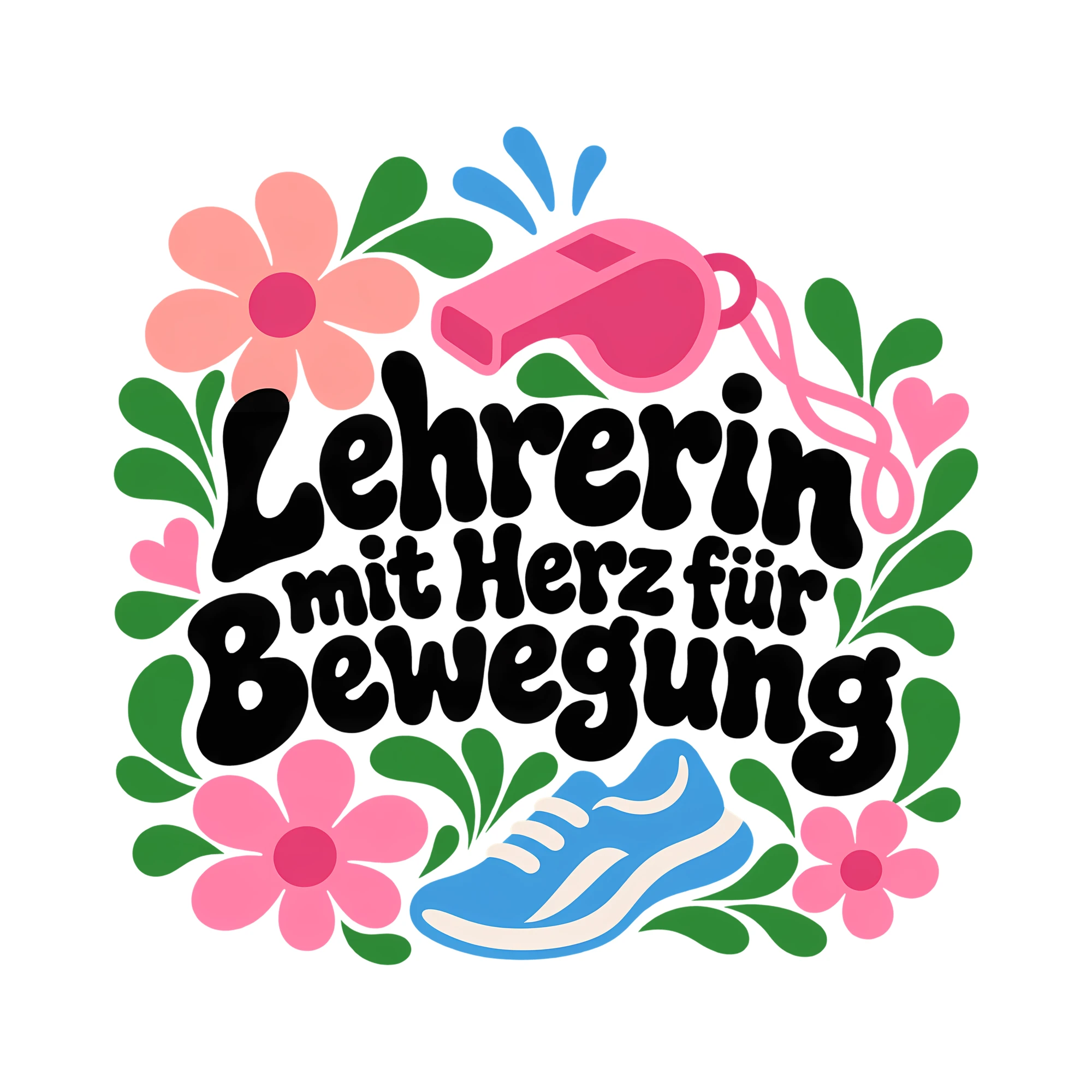 Bügelbild Lehrerin mit Herz für Bewegung als Grafik auf weißem Hintergrund (BB011679)