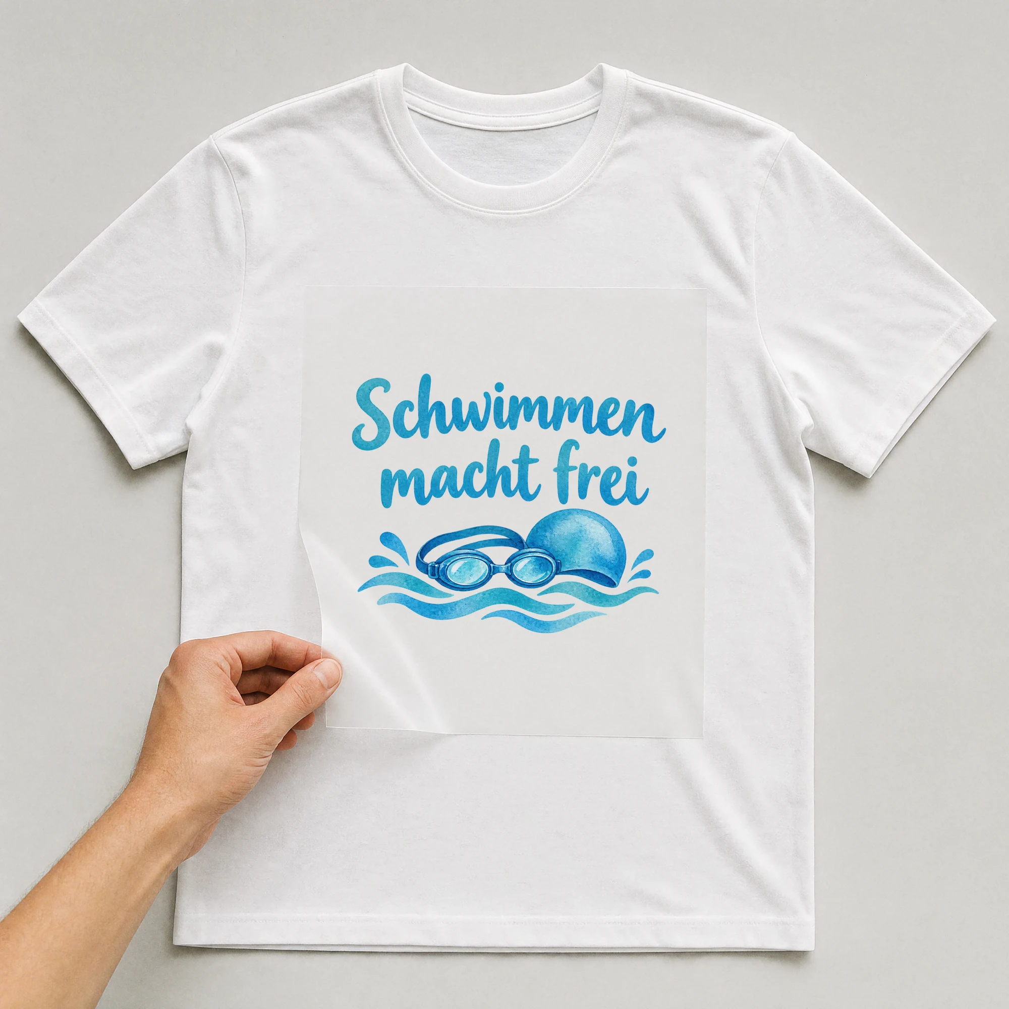 Bügelbild „Schwimmen macht frei“ auf weißem T-Shirt, Folie wird aufgelegt