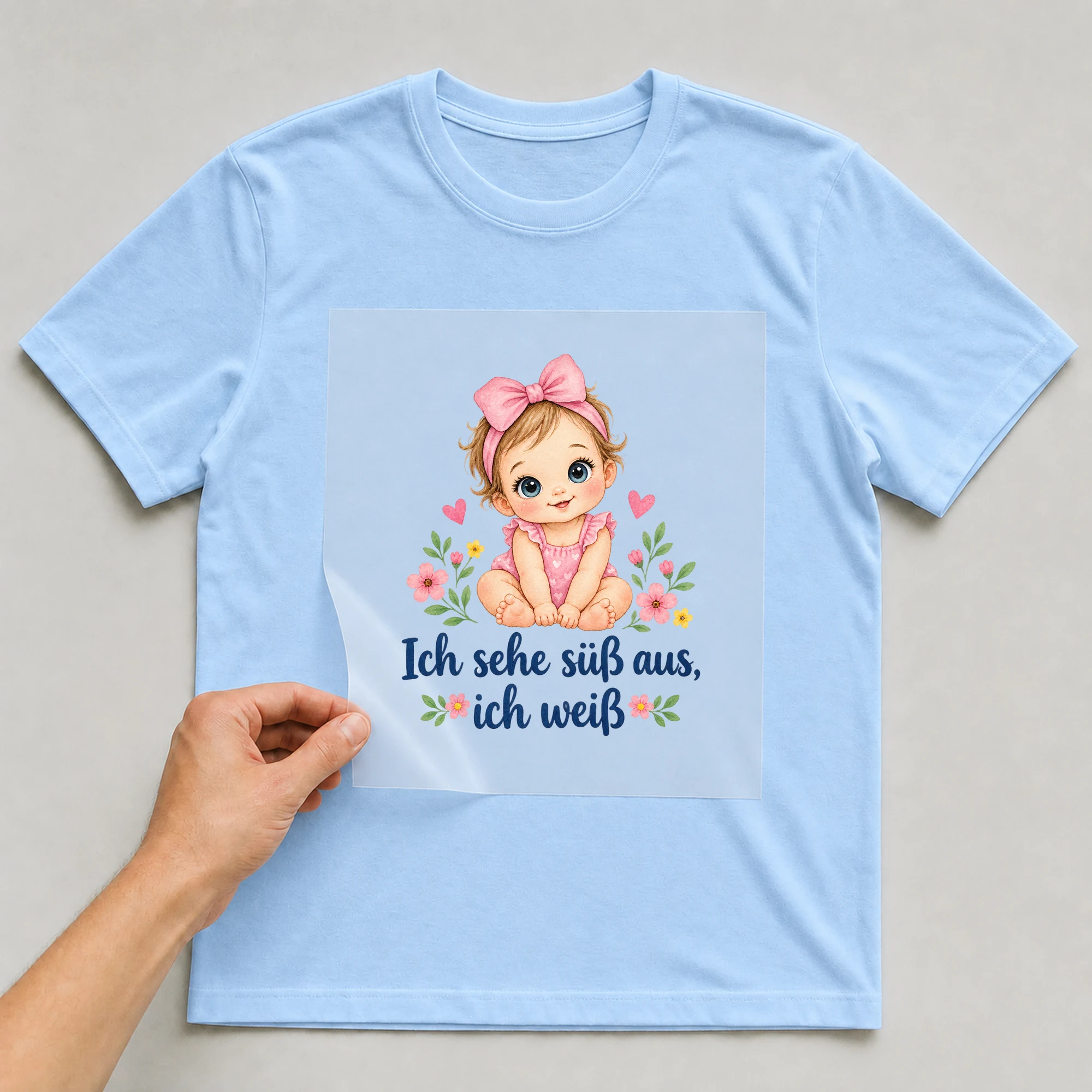 Bügelbild „Ich sehe süß aus, ich weiß“ auf babyblauem T-Shirt, Folie wird aufgelegt