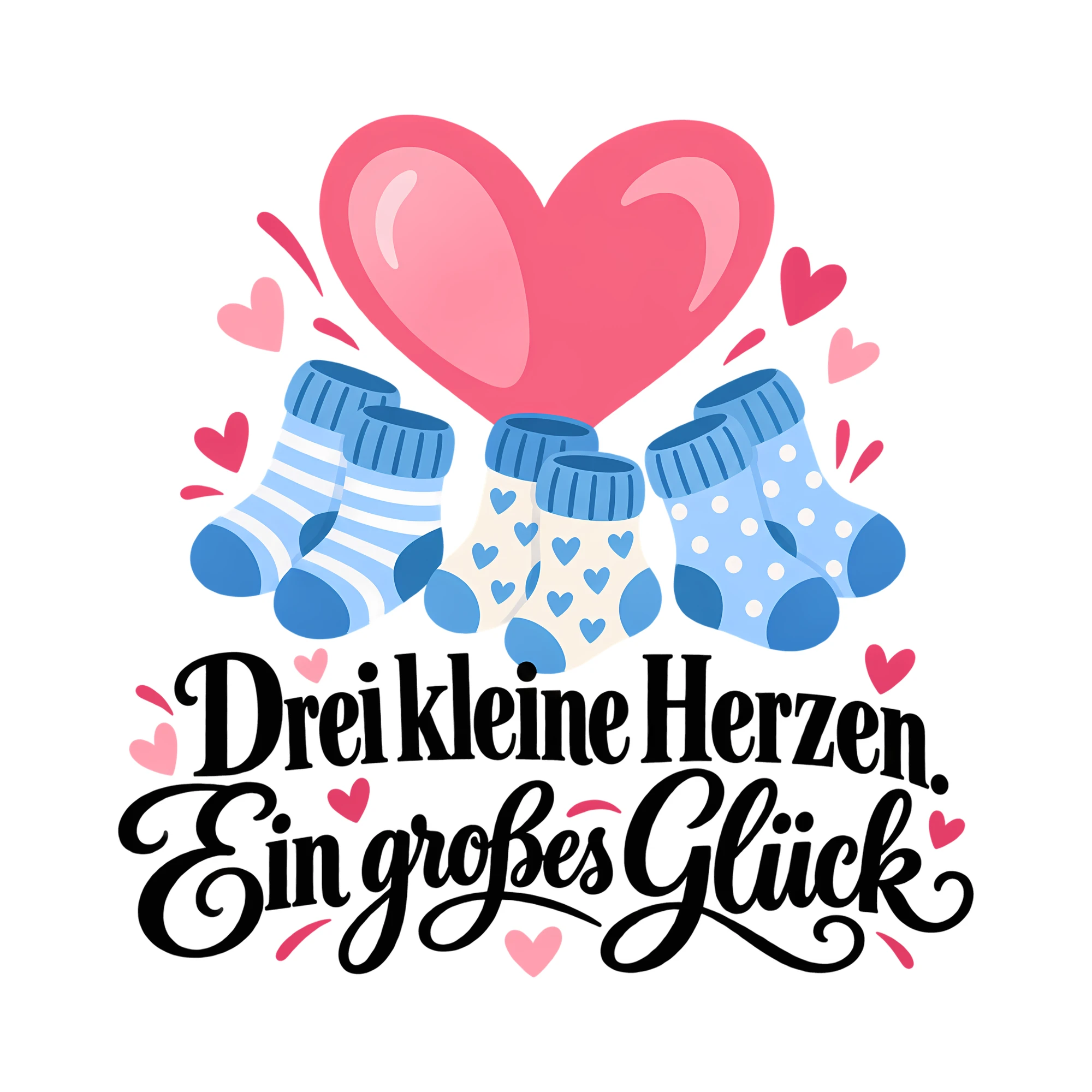 Bügelbild Drei kleine Herzen. Ein großes Glück als Grafik auf weißem Hintergrund (BB013611)