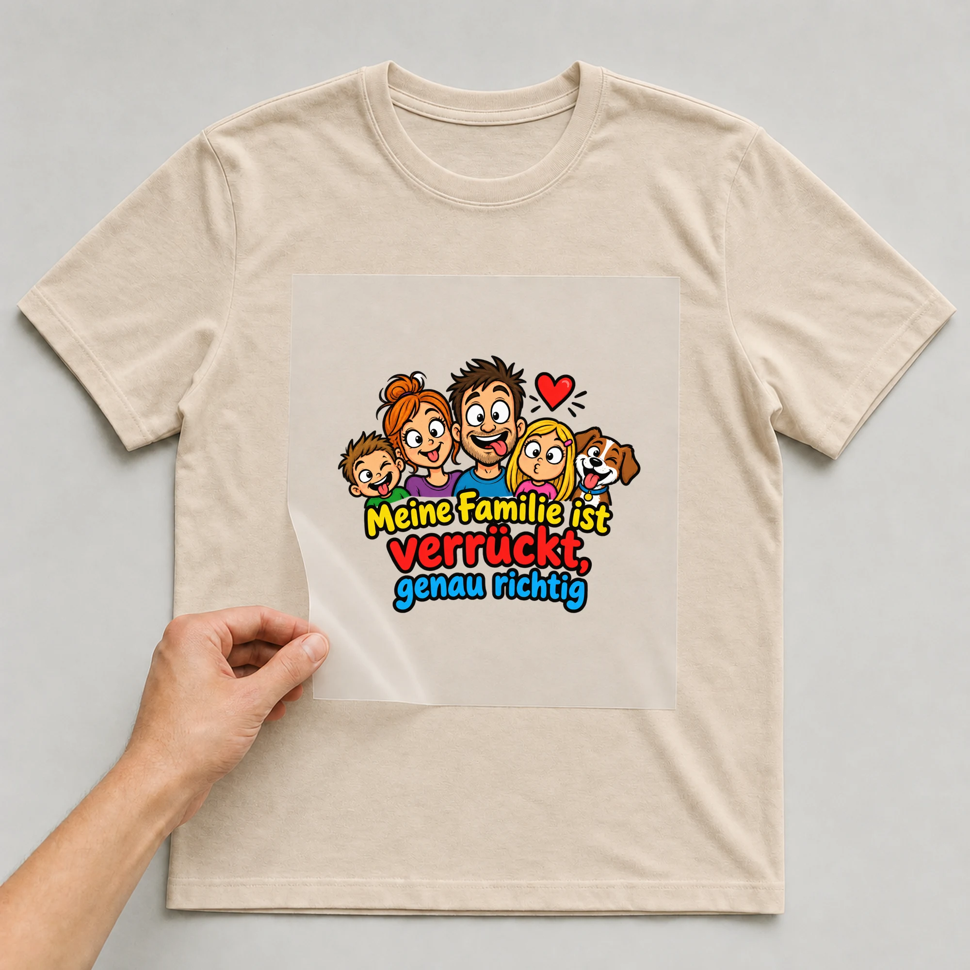 Bügelbild „Meine Familie ist verrückt, genau richtig“ auf beigem T-Shirt, Folie wird aufgelegt