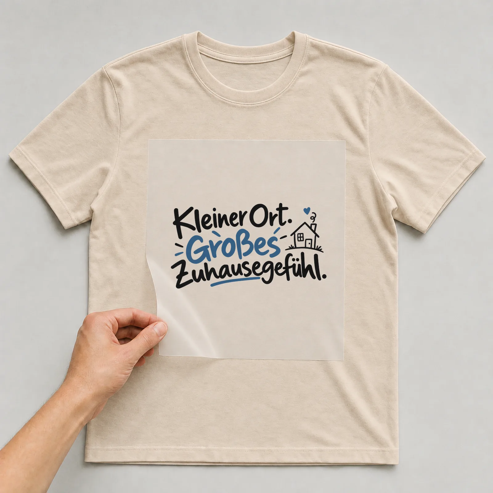 Bügelbild „Kleiner Ort. Großes Zuhausegefühl.“ auf beigem T-Shirt, Folie wird aufgelegt