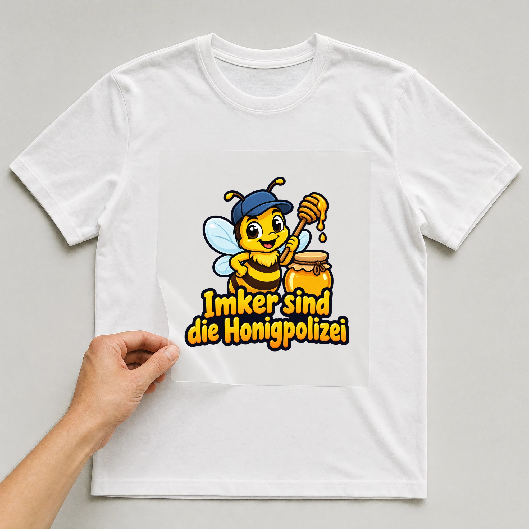 Bügelbild „Imker sind die Honigpolizei“ auf weißem T-Shirt, Folie wird aufgelegt