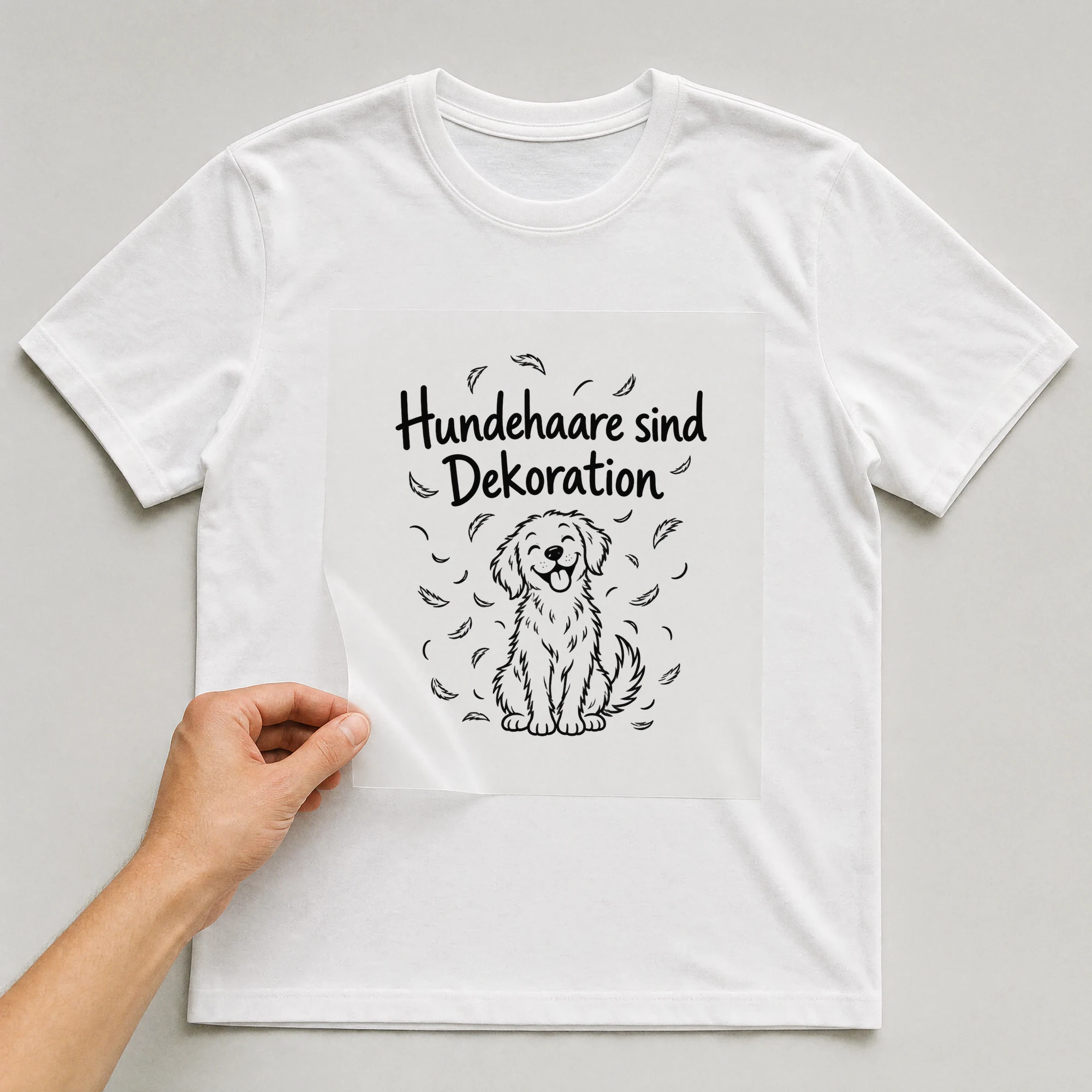 Bügelbild „Hundehaare sind Dekoration“ auf weißem T-Shirt, Folie wird aufgelegt