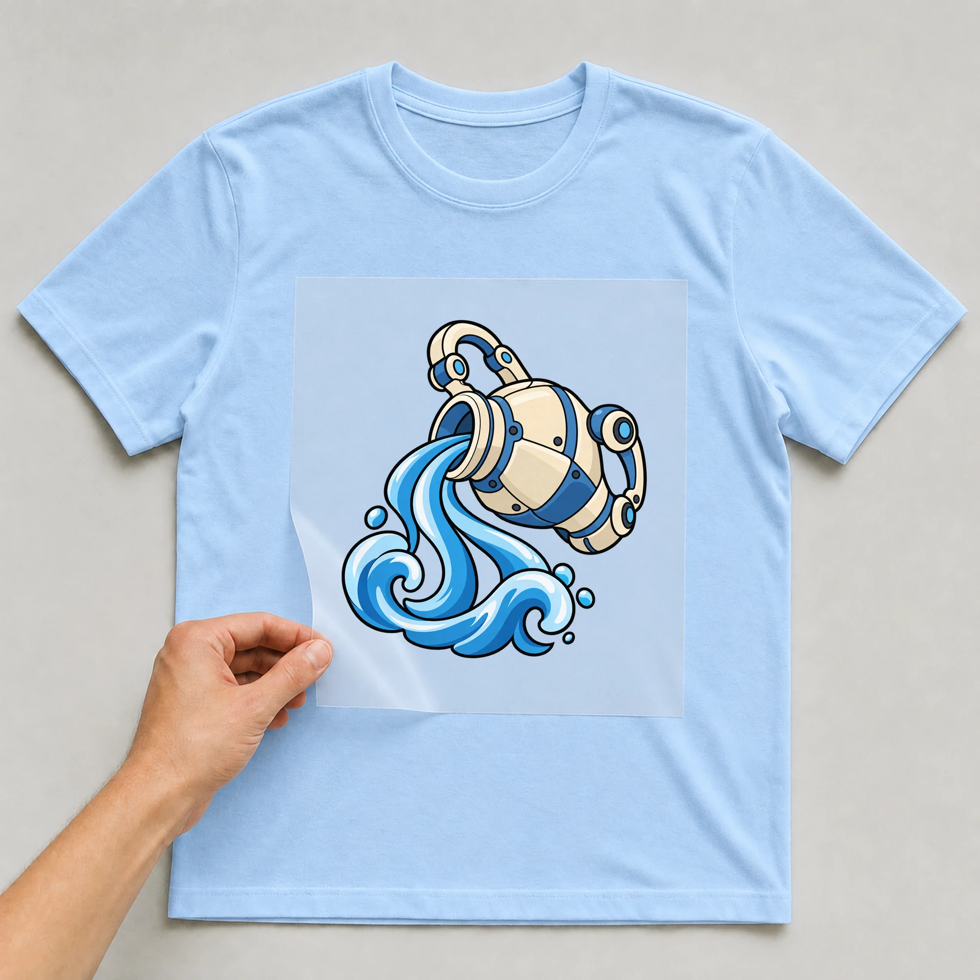 Bügelbild „Mecha Robotic Zodiac Sign Aquarius“ auf babyblauem T-Shirt, Folie wird aufgelegt