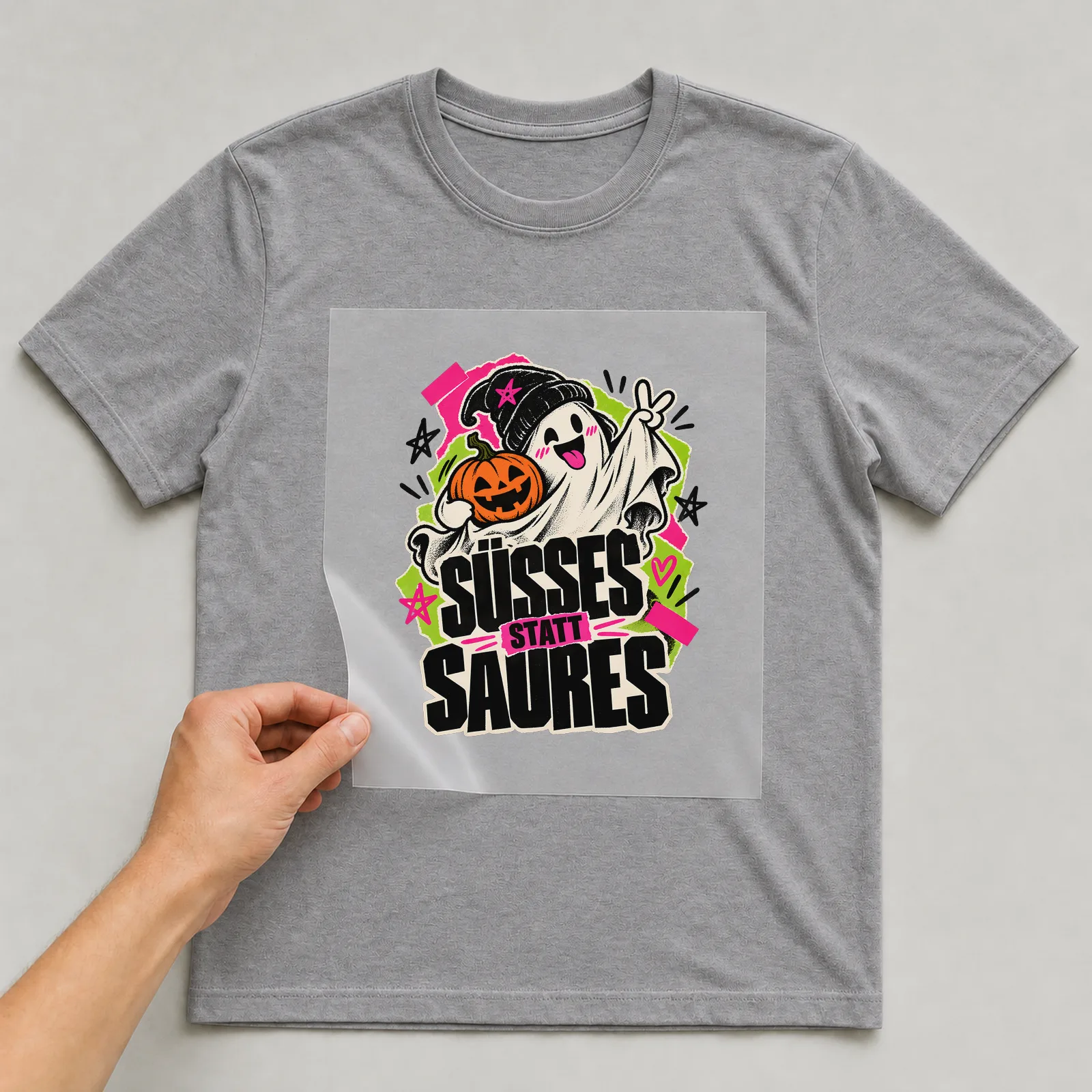 Bügelbild „Süßes statt Saures“ auf grauem T-Shirt, Folie wird aufgelegt