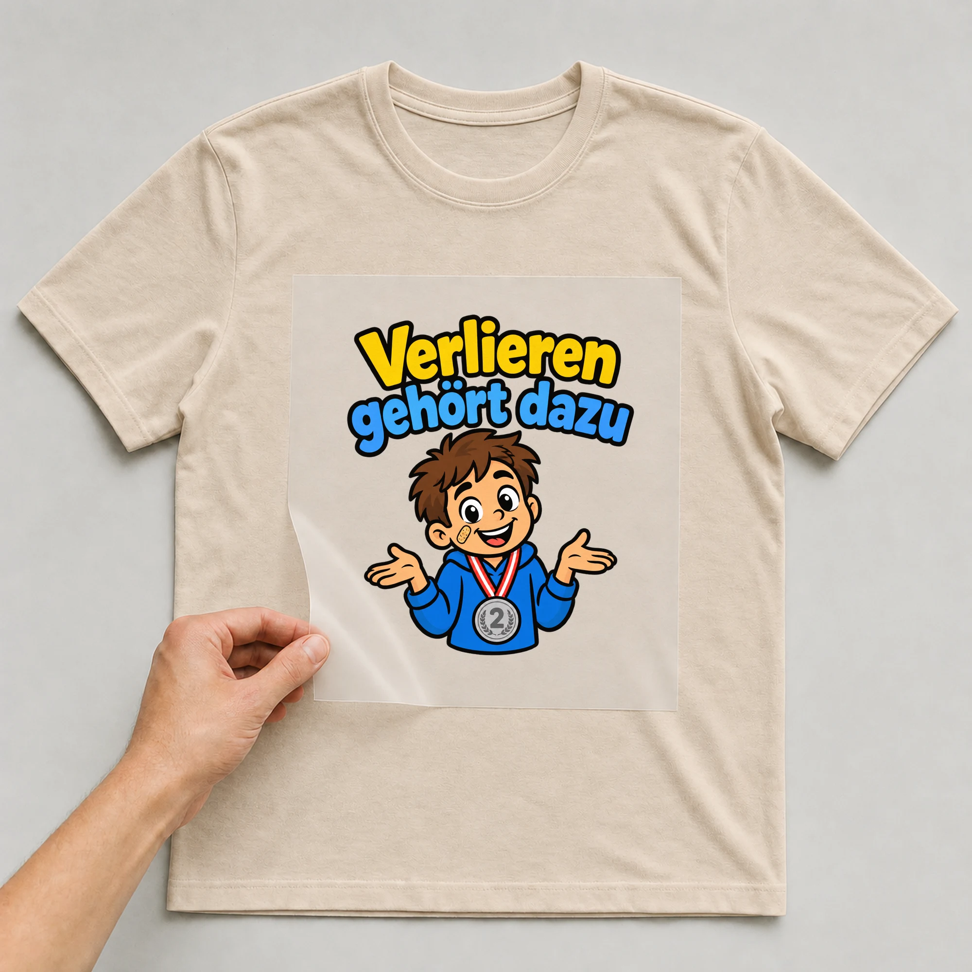 Bügelbild „Verlieren gehört dazu“ auf beigem T-Shirt, Folie wird aufgelegt
