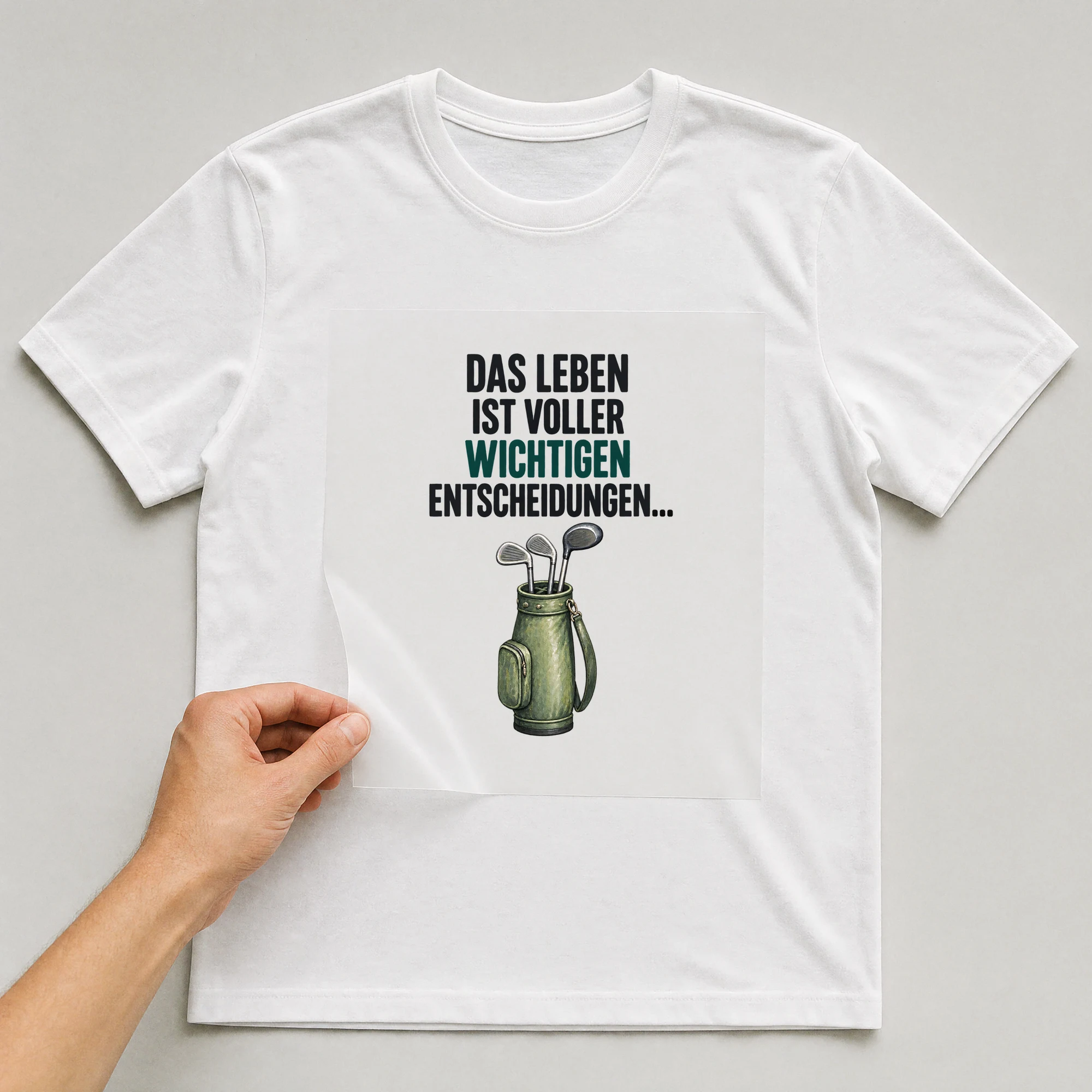 Bügelbild „Das Leben ist voller wichtigen Entscheidungen...“ auf weißem T-Shirt, Folie wird aufgelegt