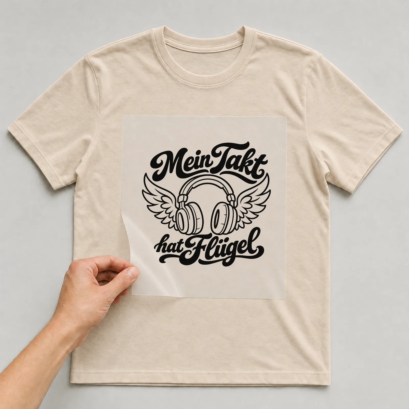 Bügelbild „Mein Takt hat Flügel“ auf beigem T-Shirt, Folie wird aufgelegt